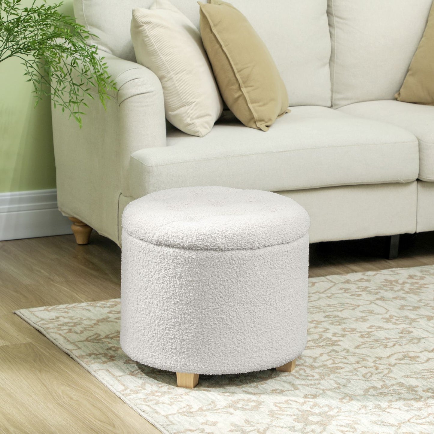 Stool with storage space, stool with lid, round footstool, storage box, with wooden legs, white