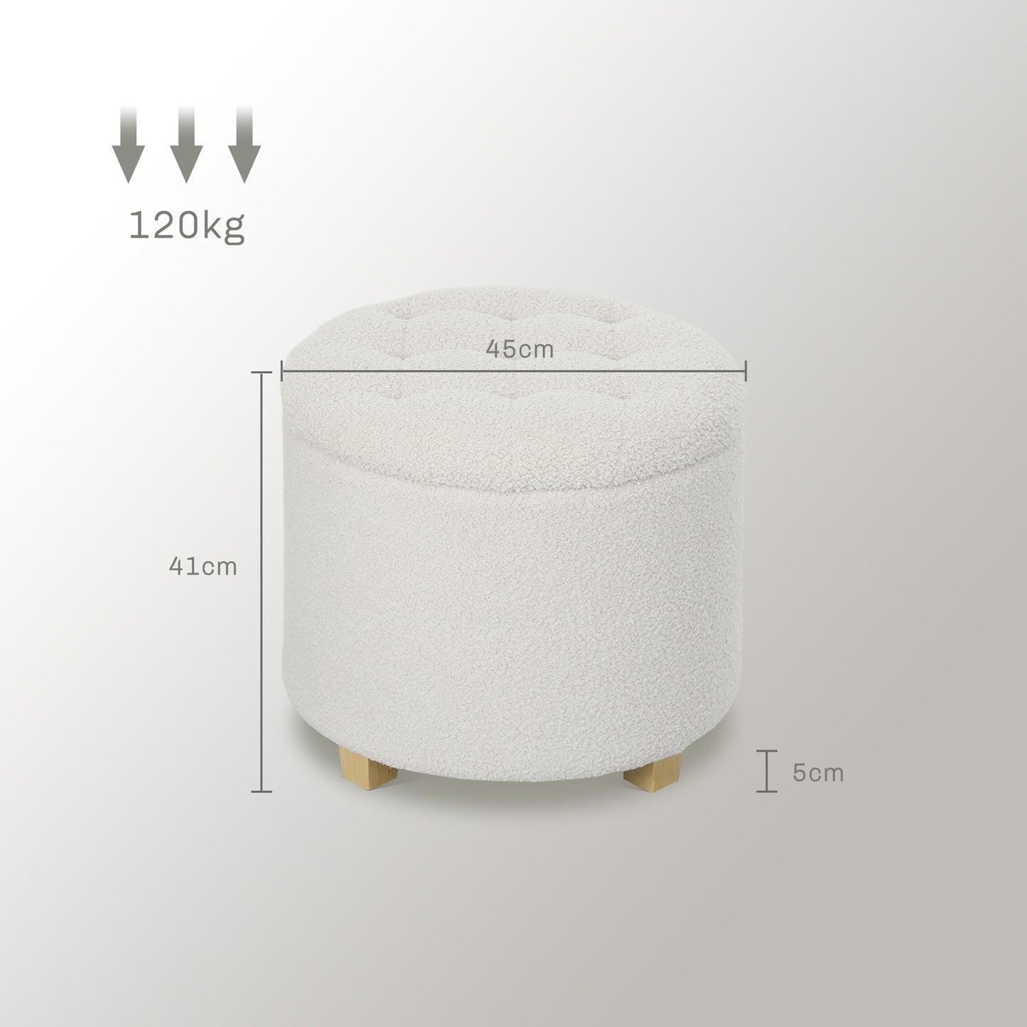 Stool with storage space, stool with lid, round footstool, storage box, with wooden legs, white