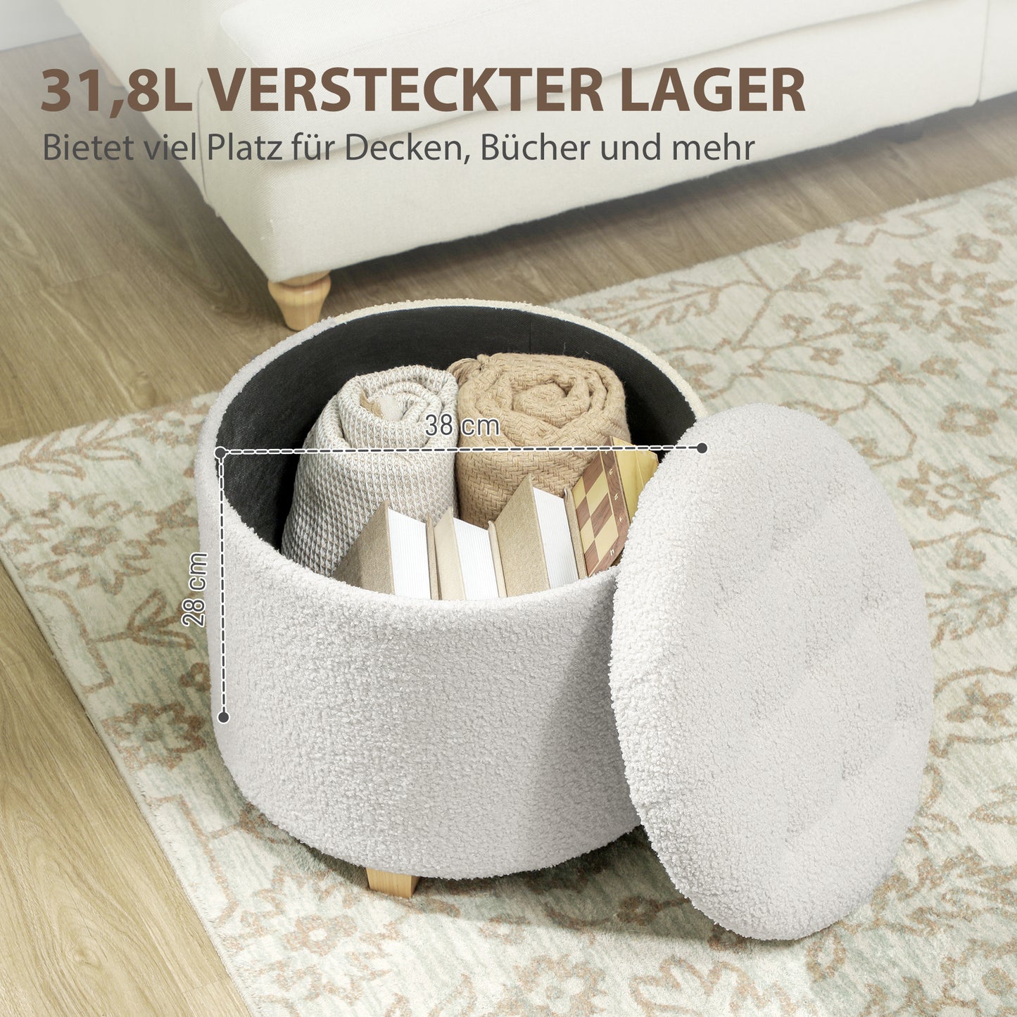 Stool with storage space, stool with lid, round footstool, storage box, with wooden legs, white
