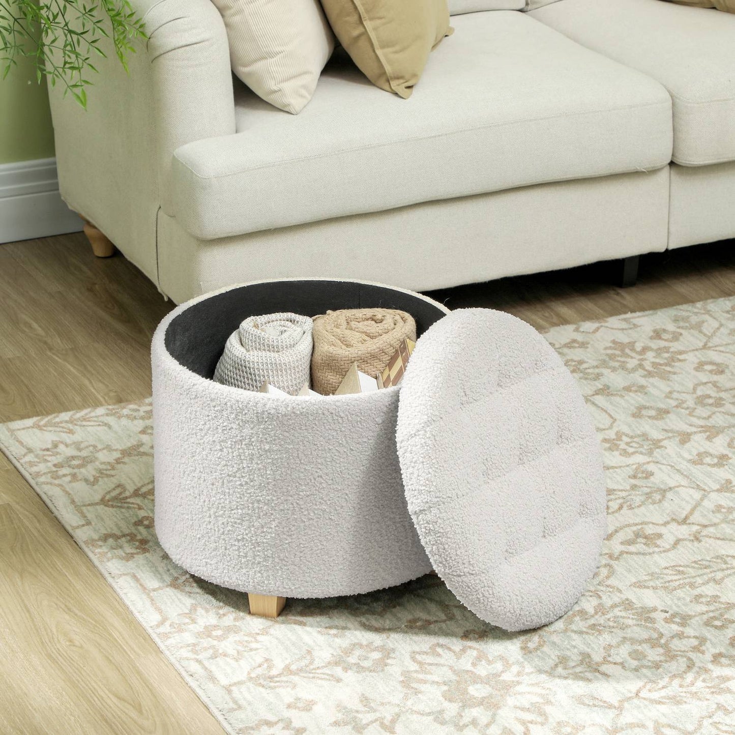 Stool with storage space, stool with lid, round footstool, storage box, with wooden legs, white
