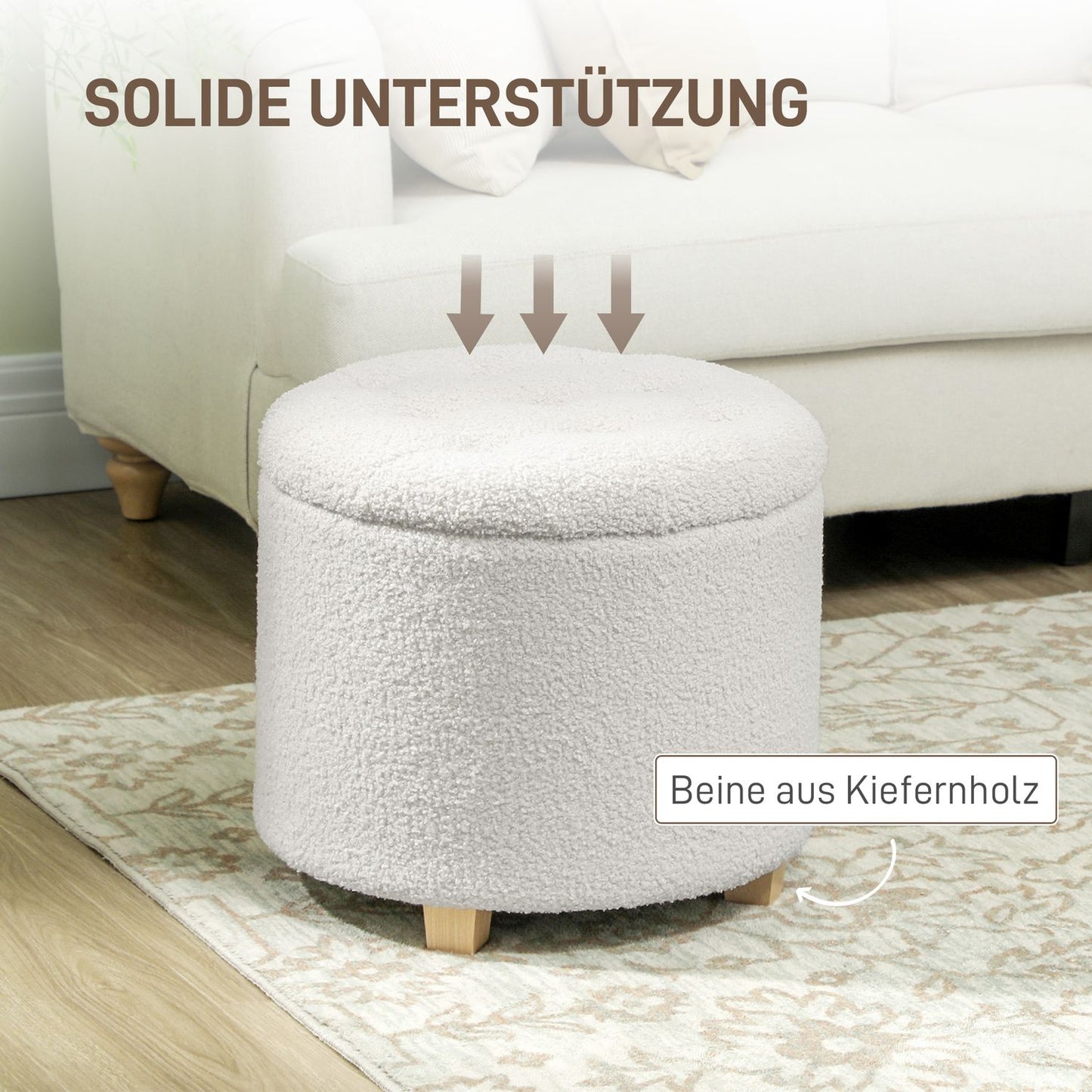 Stool with storage space, stool with lid, round footstool, storage box, with wooden legs, white