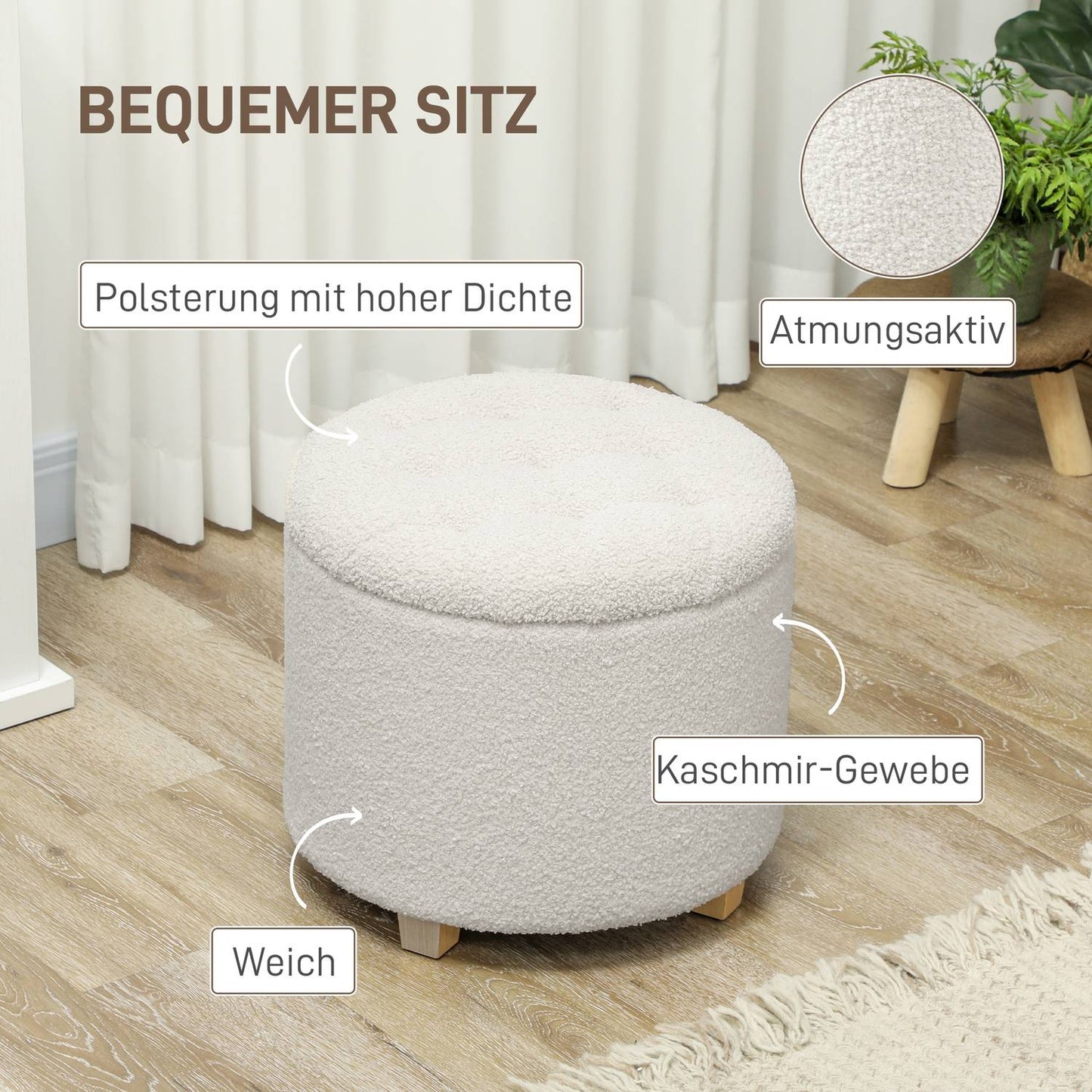 Stool with storage space, stool with lid, round footstool, storage box, with wooden legs, white