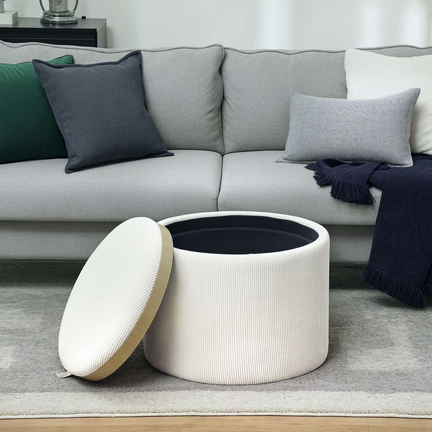 Round upholstered storage stool, Cream white, 56x56x42 cm