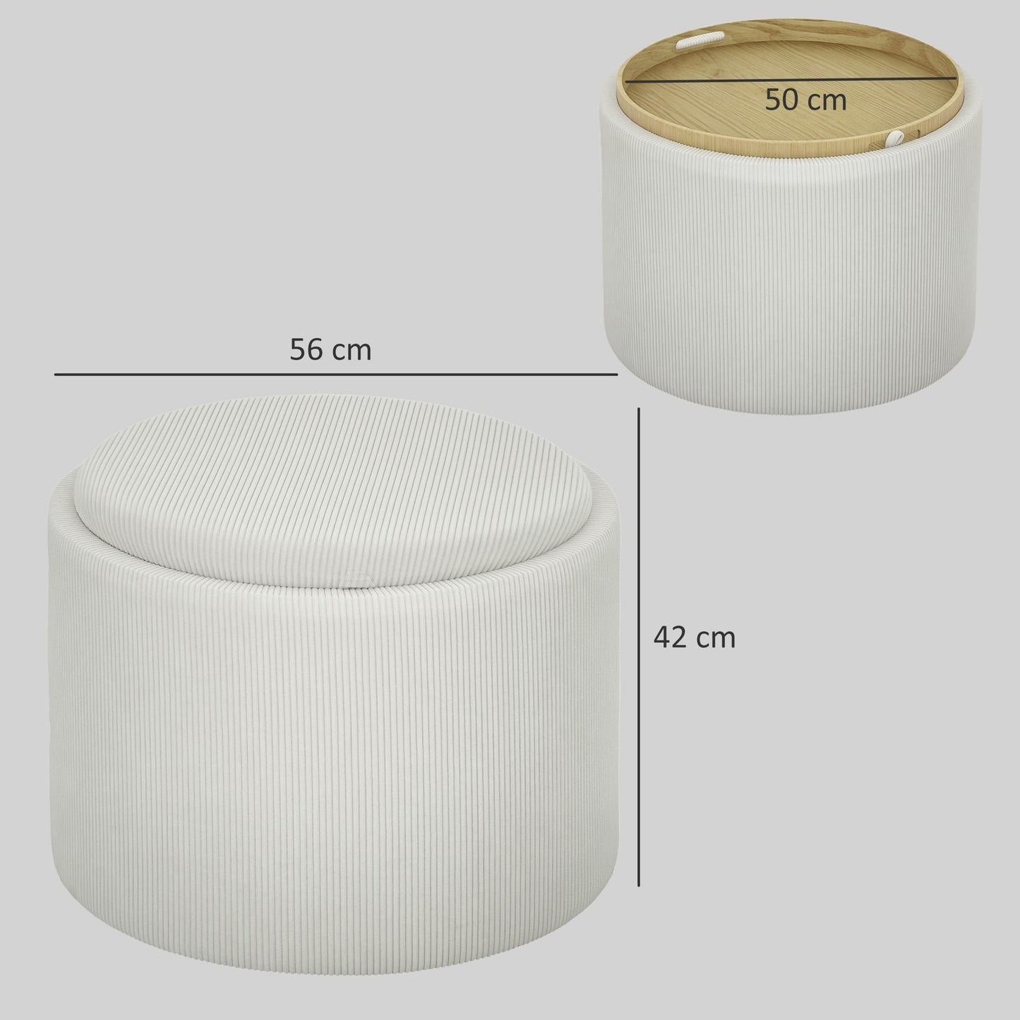 Round upholstered storage stool, Cream white, 56x56x42 cm