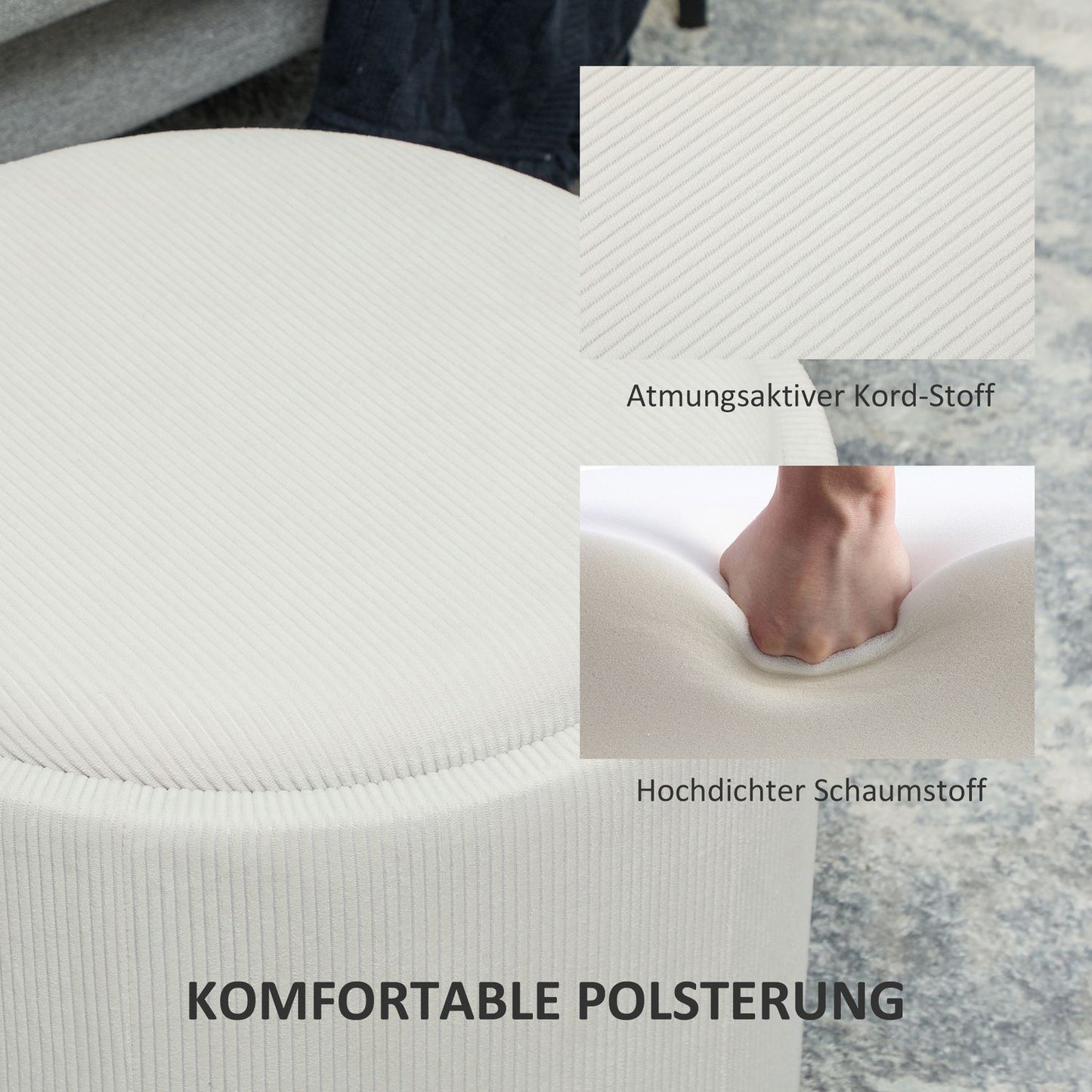 Round upholstered storage stool, Cream white, 56x56x42 cm