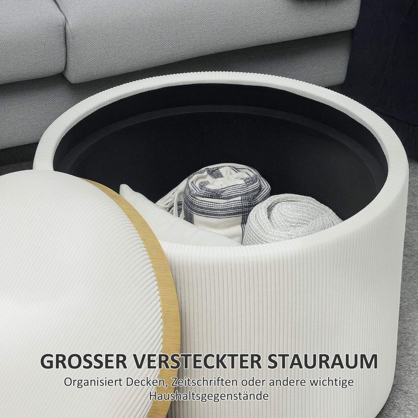 Round upholstered storage stool, Cream white, 56x56x42 cm
