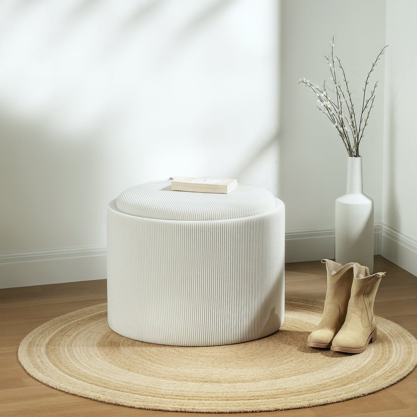 Round upholstered storage stool, Cream white, 56x56x42 cm