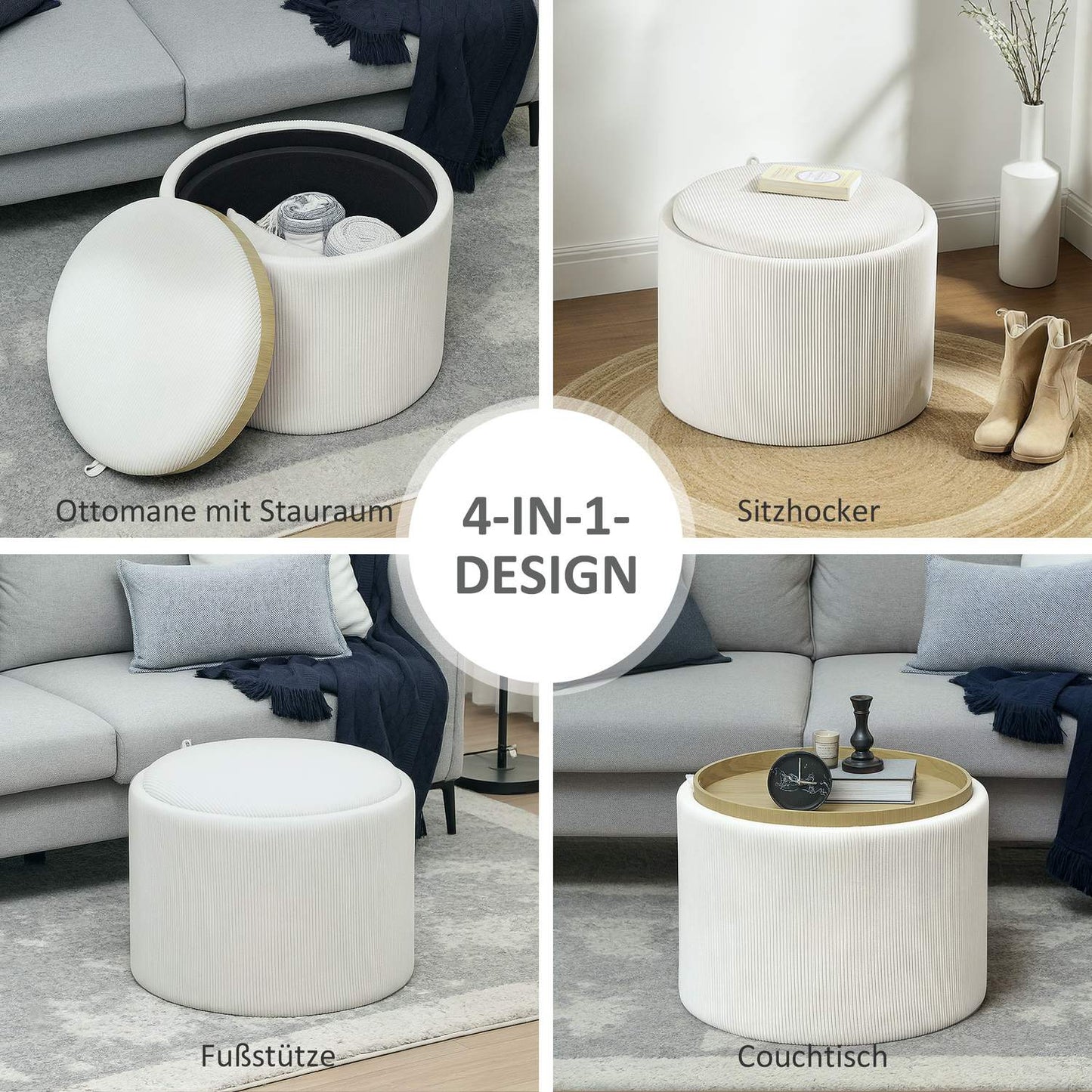 Round upholstered storage stool, Cream white, 56x56x42 cm