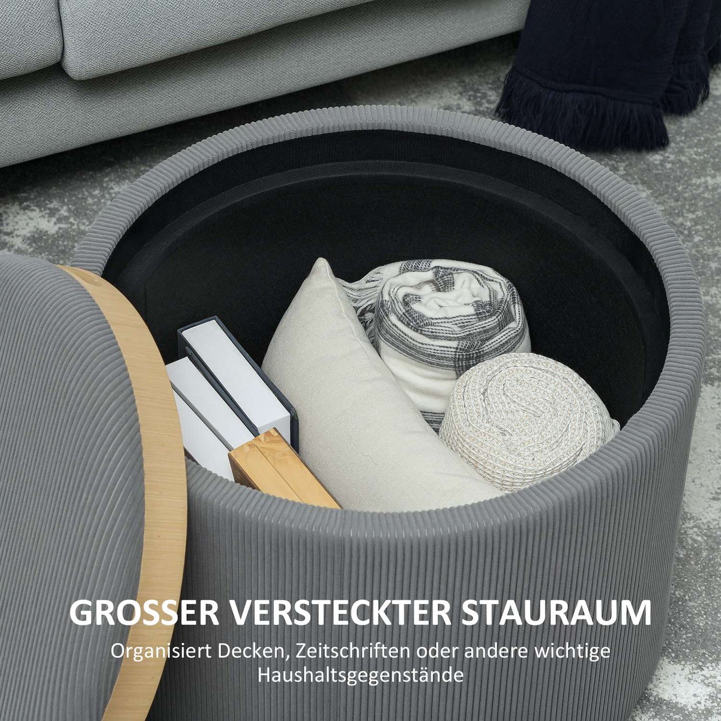 Gray round storage pallet with padded lid, 56 cm
