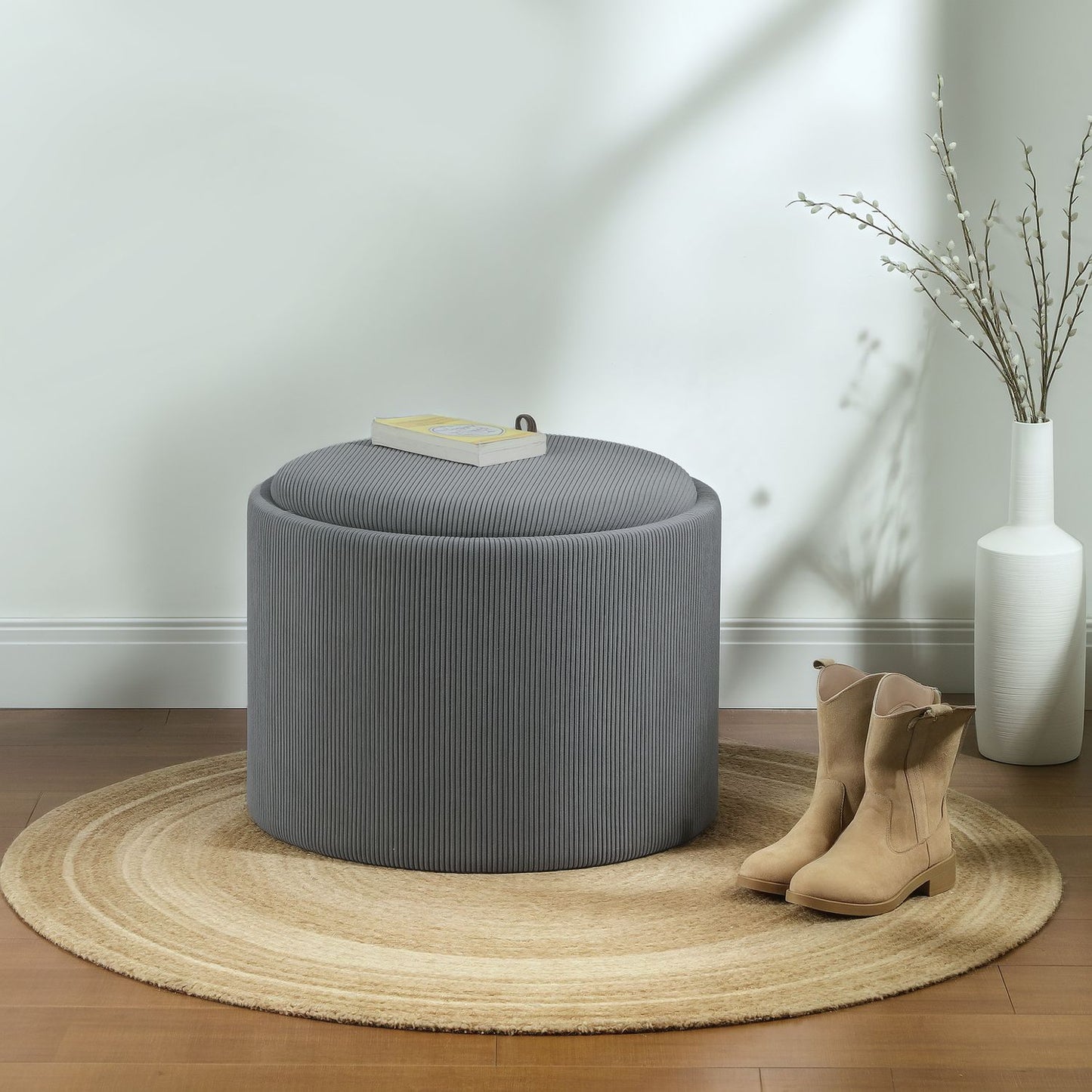 Gray round storage pallet with padded lid, 56 cm