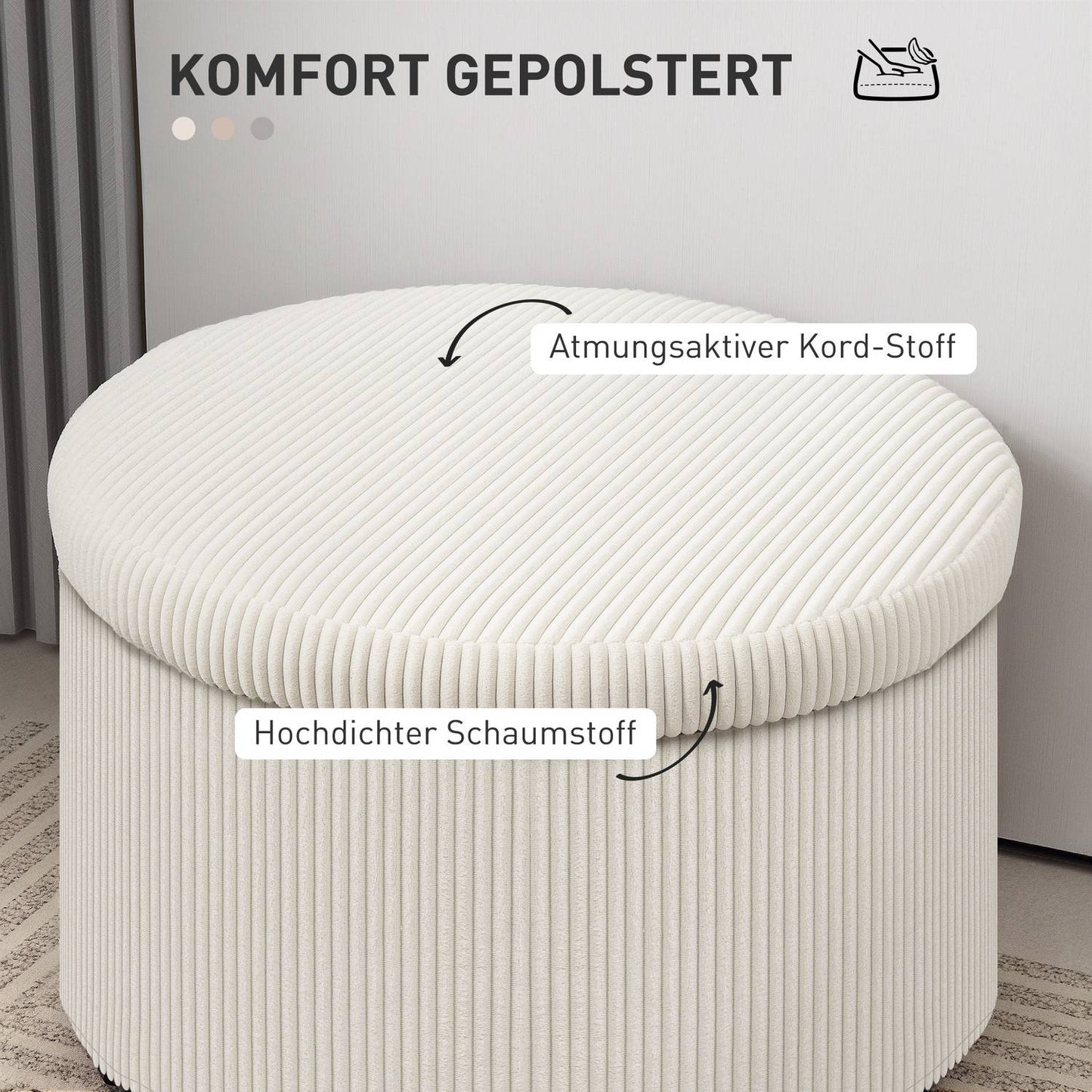 Beige round ottoman stool with storage, 60x60x41 cm