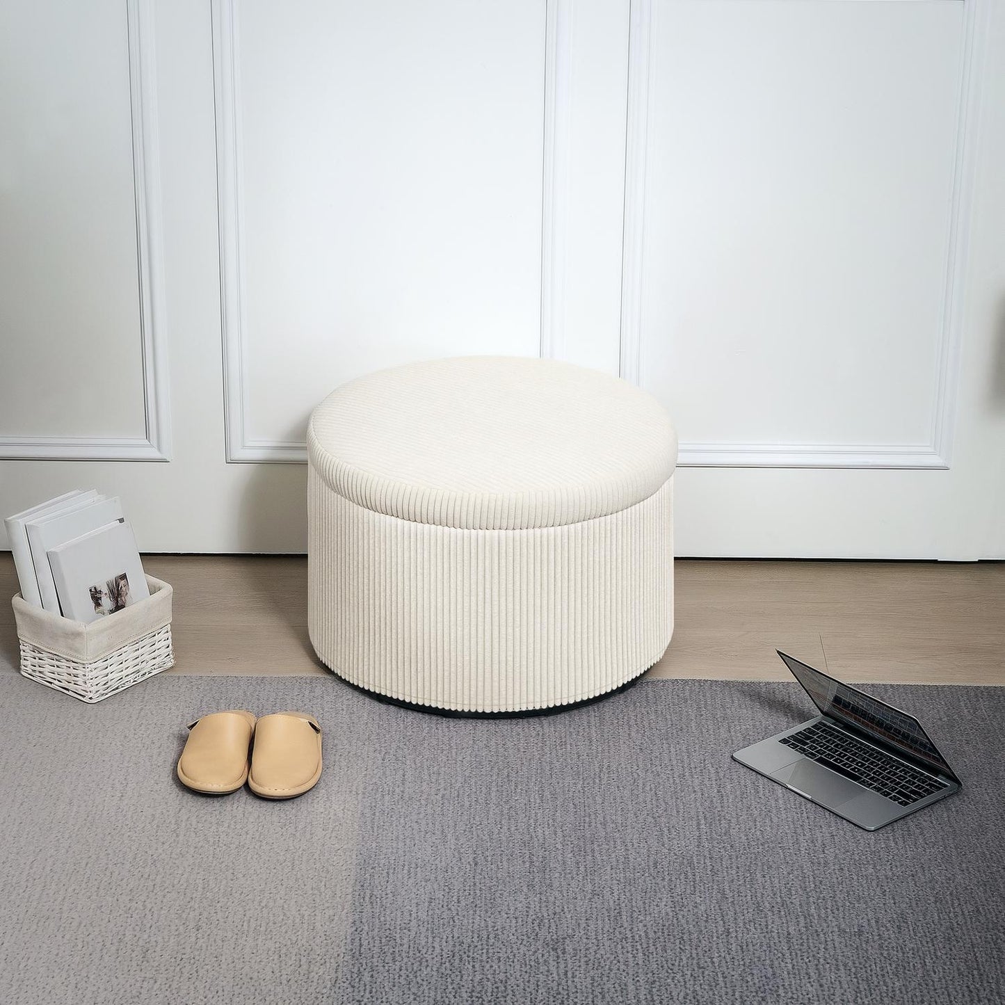Beige round ottoman stool with storage, 60x60x41 cm