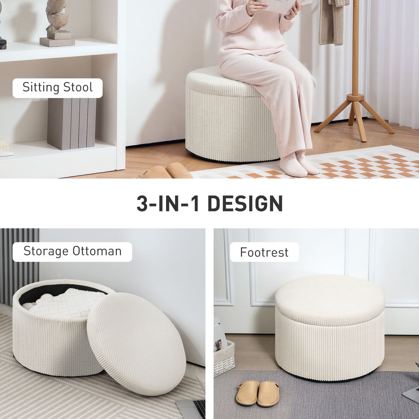 Beige round ottoman stool with storage, 60x60x41 cm