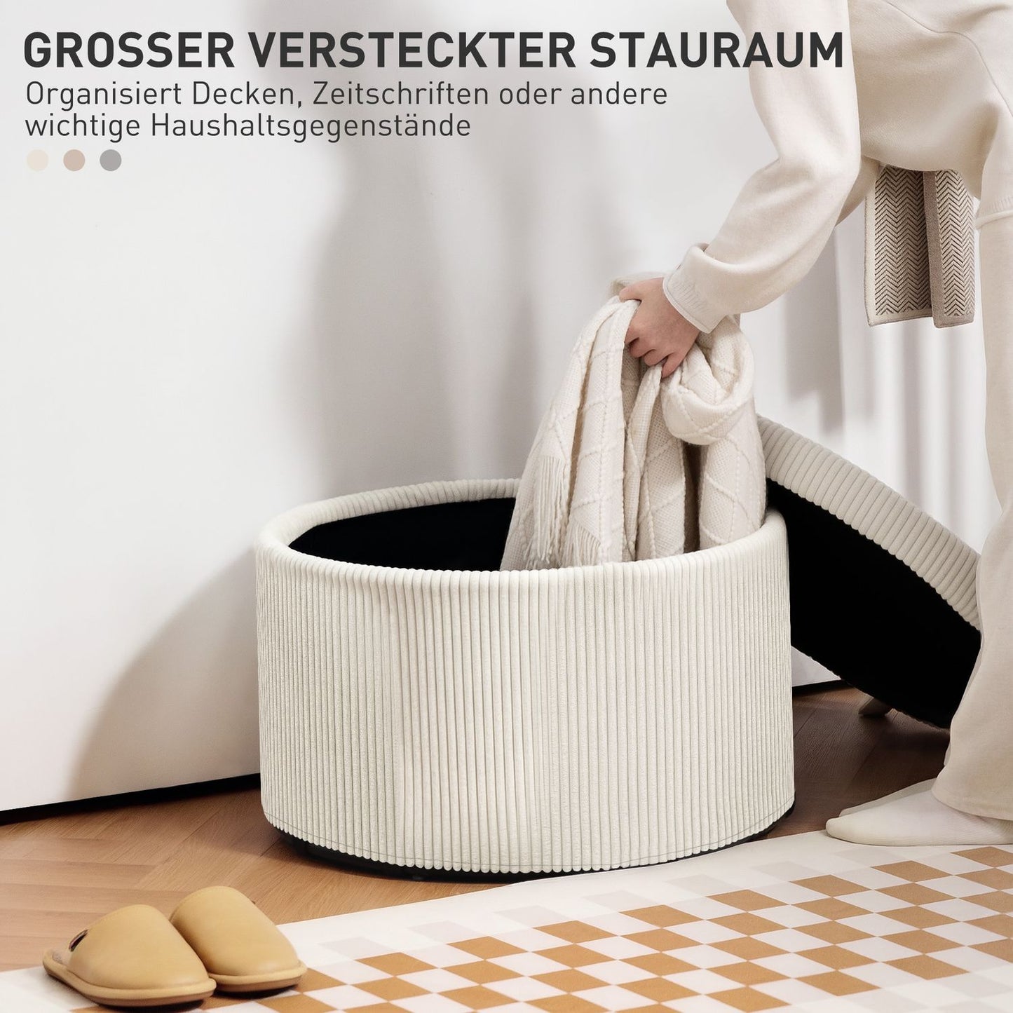 Beige round ottoman stool with storage, 60x60x41 cm