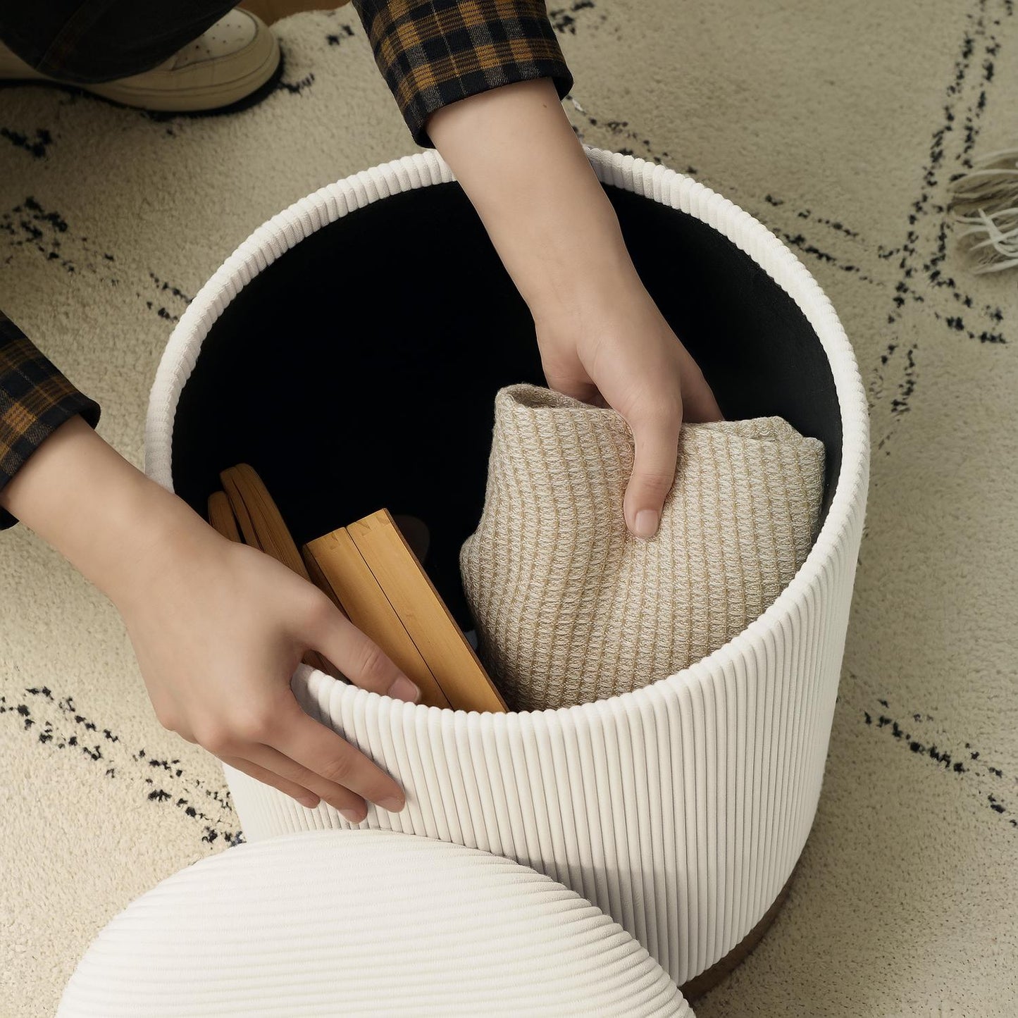 Cream white upholstered storage pallet with steel base