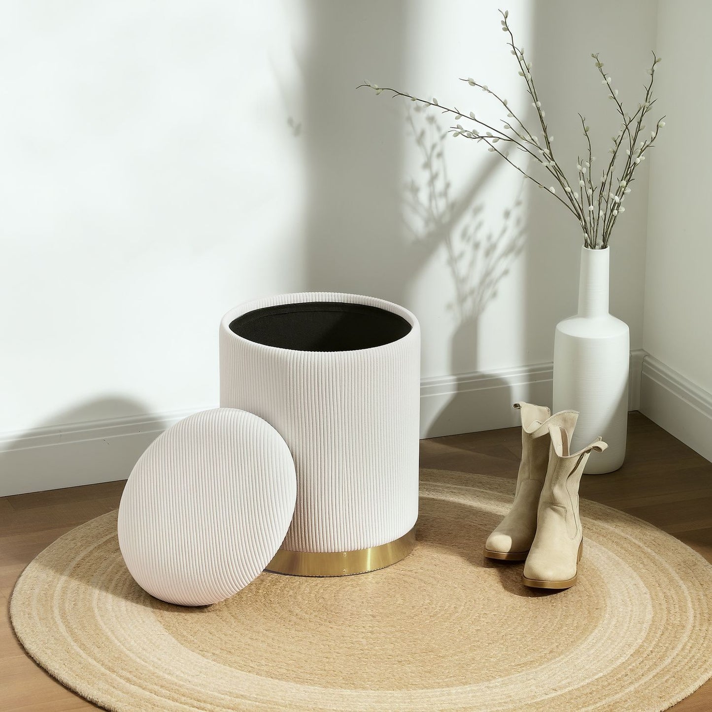 Cream white upholstered storage pallet with steel base