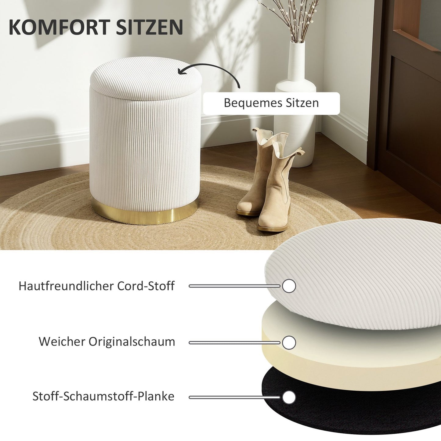 Cream white upholstered storage pallet with steel base