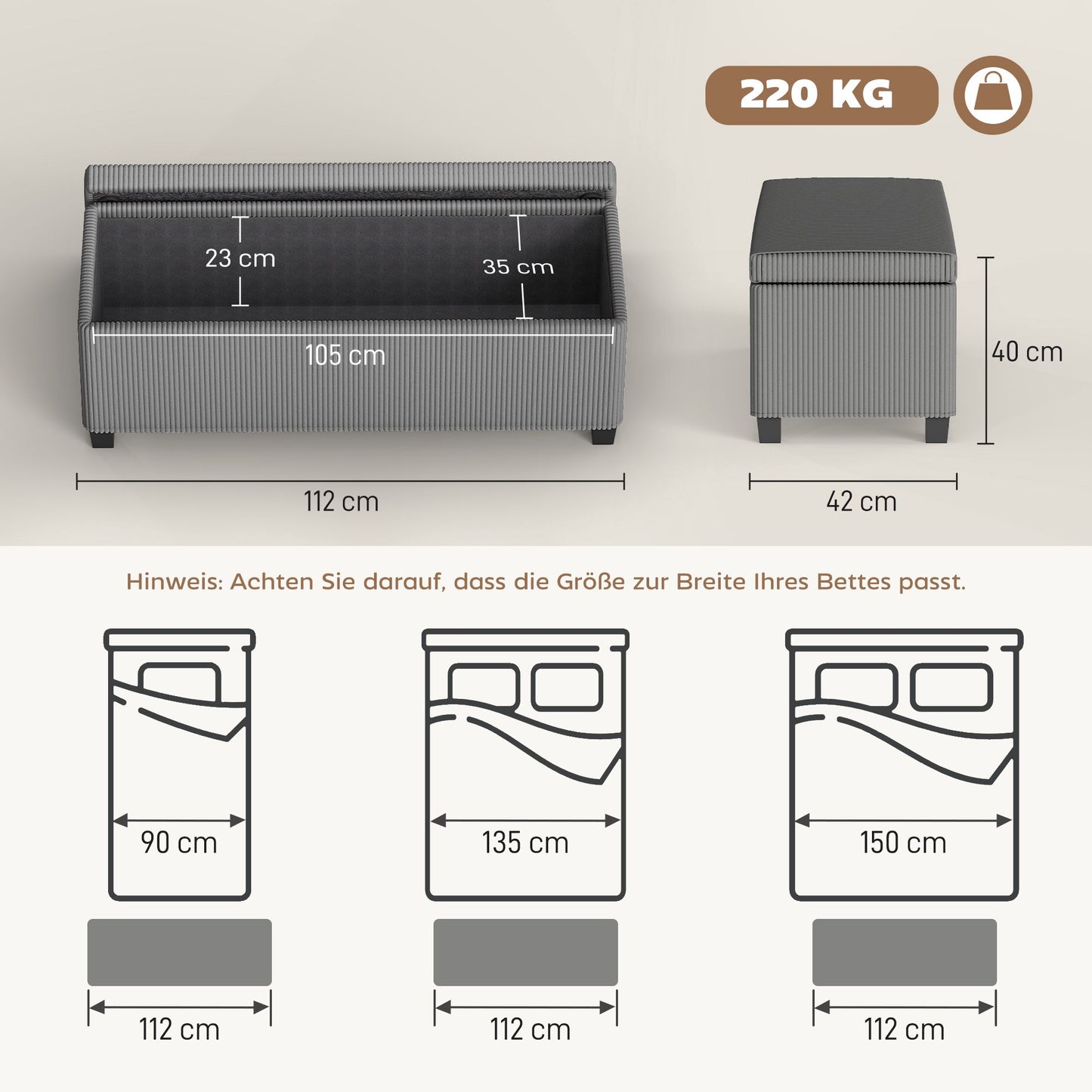 Storage Bench with Corduroy Upholstery, 84L, Grey