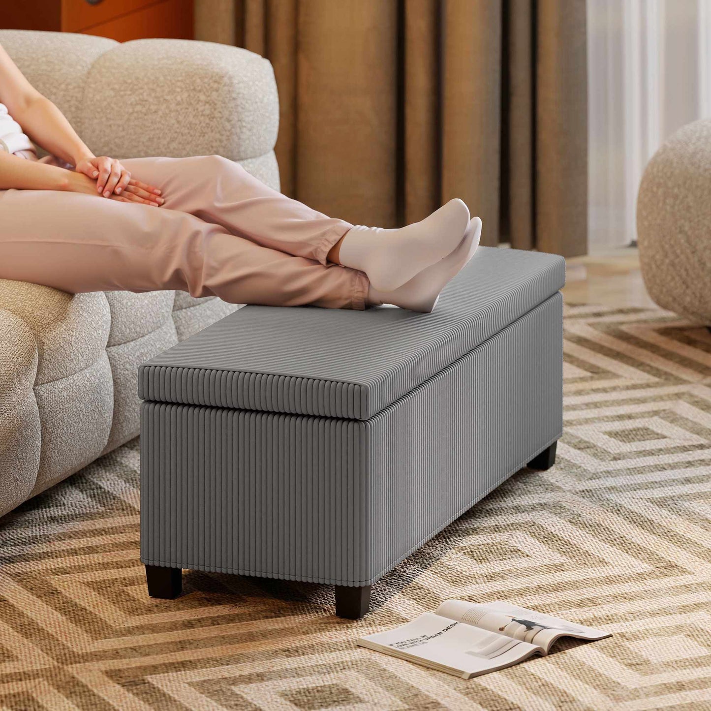 Storage Bench with Corduroy Upholstery, 84L, Grey