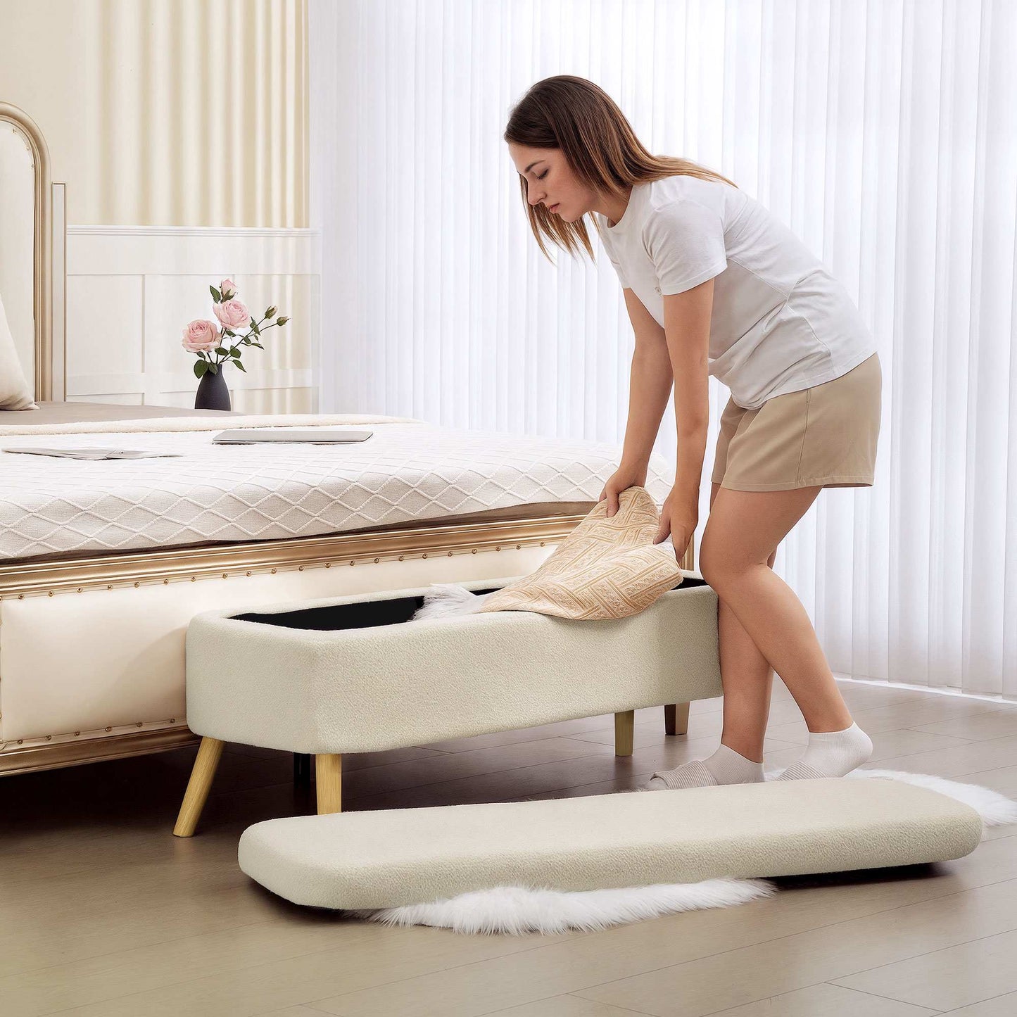 Storage Bench with Hidden Compartment, Teddy Fleece, 220kg Capacity
