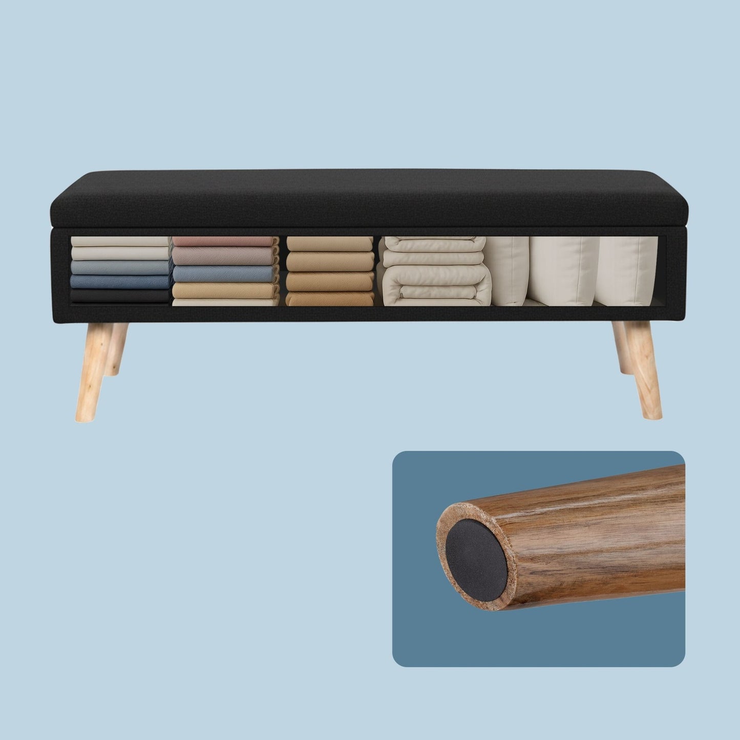 Storage Bench with Linen Upholstery, Wood Legs