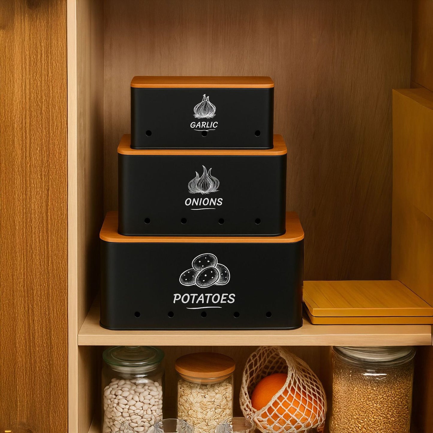 Storage Box Set, 3 Pcs, Metal with Bamboo Lids