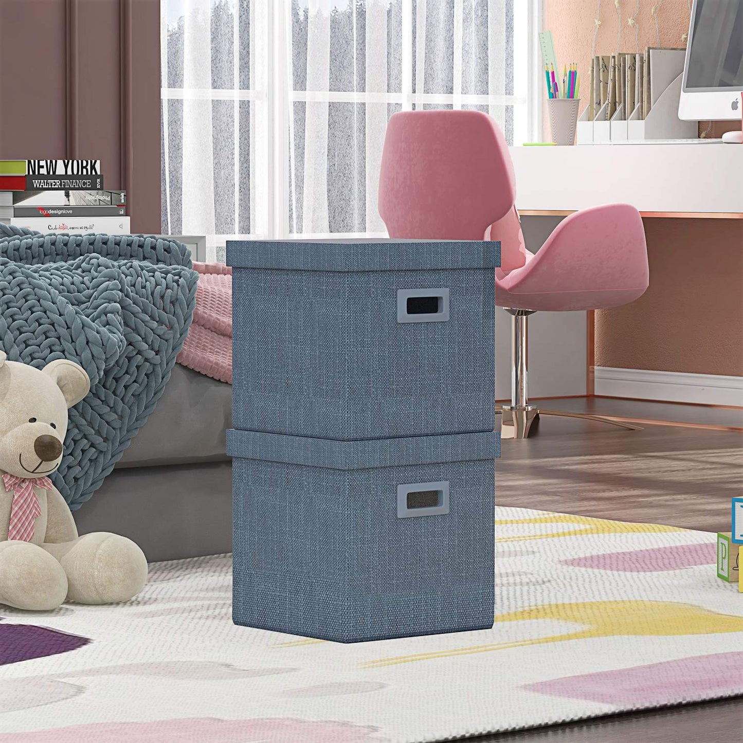 Stackable Blue Storage Cubes - Set of 2, Collapsible, 30x30x29 cm