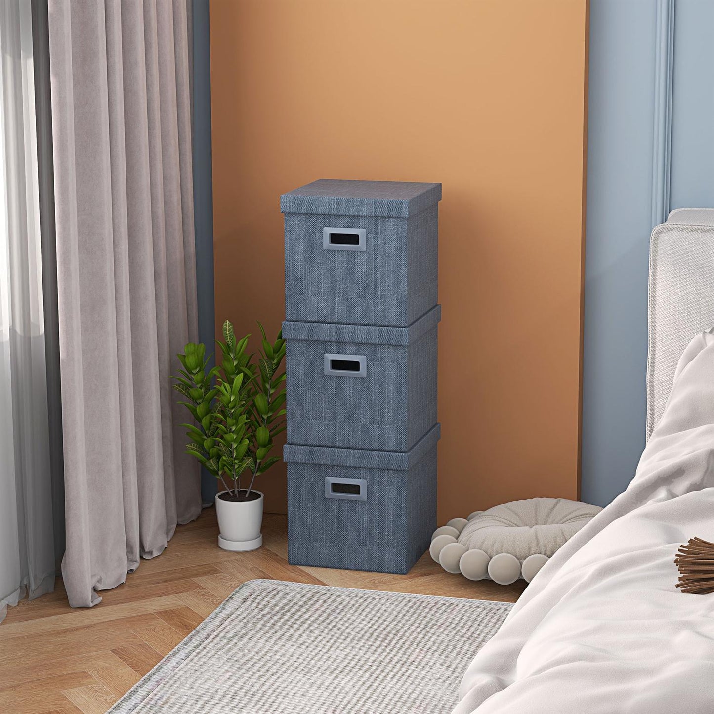 Stackable blue storage cubes Set of 3, foldable - 30x30x29 cm