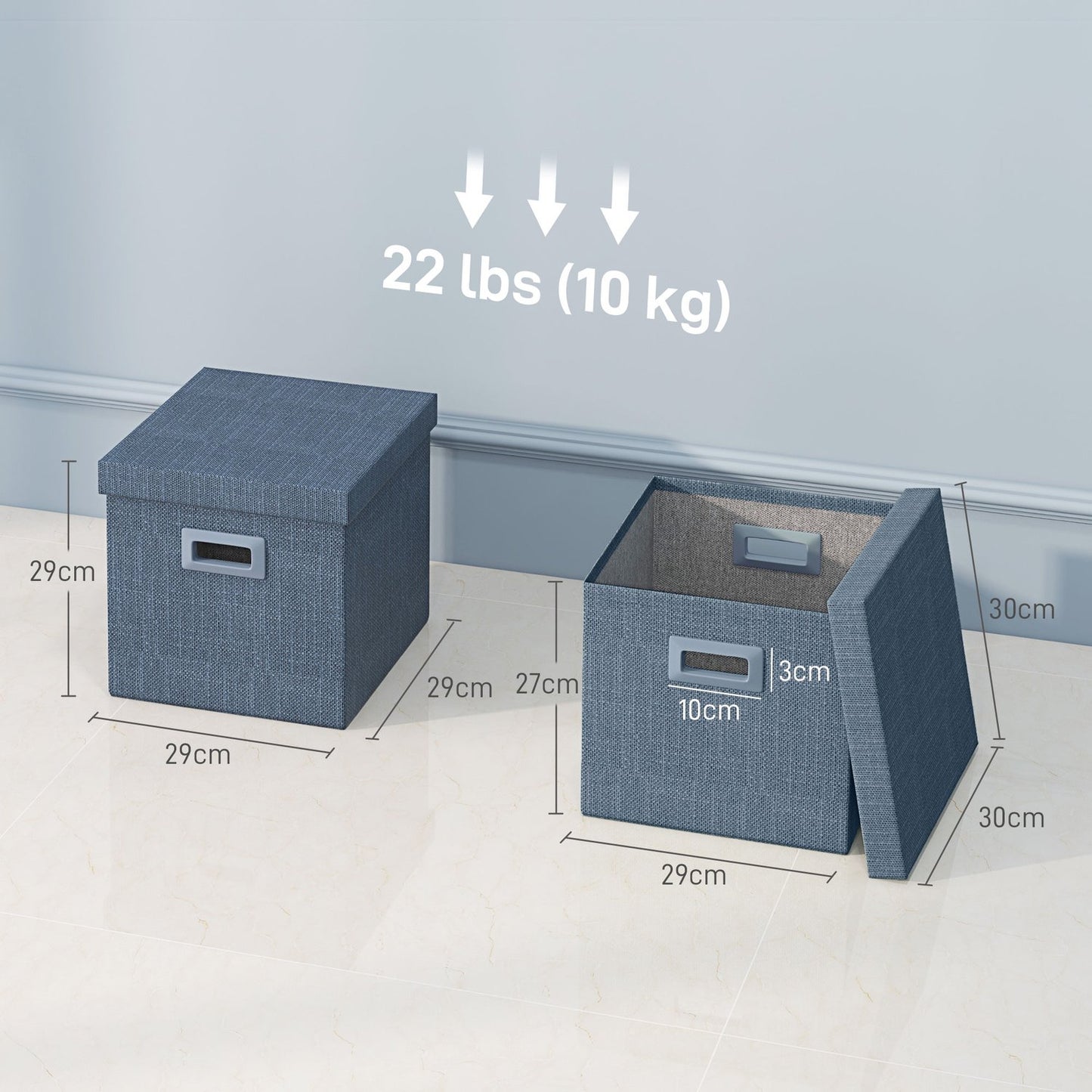 Stackable blue storage cubes Set of 3, foldable - 30x30x29 cm