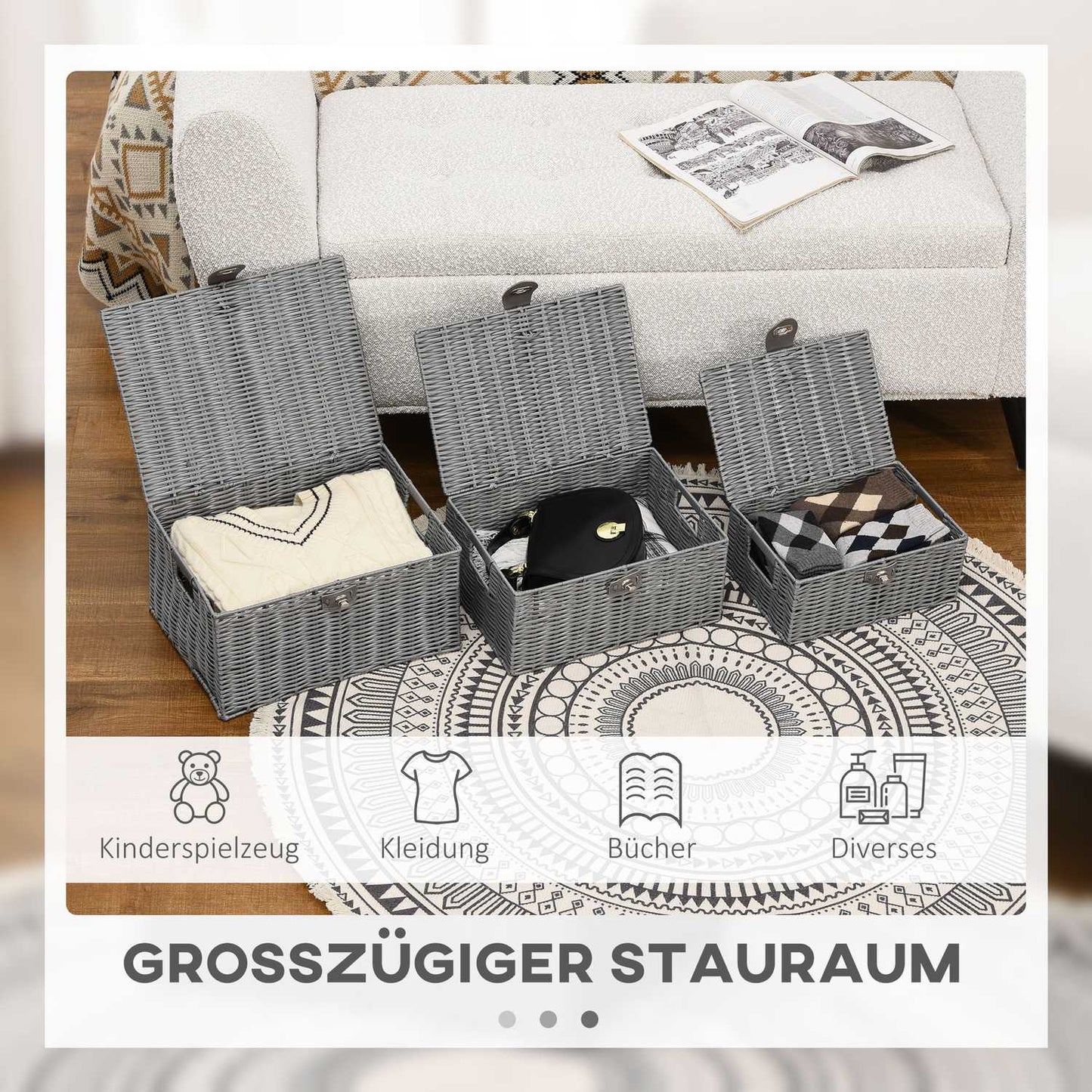 Storage boxes with lids, set of 3, gray - 18L, 12L, 7L