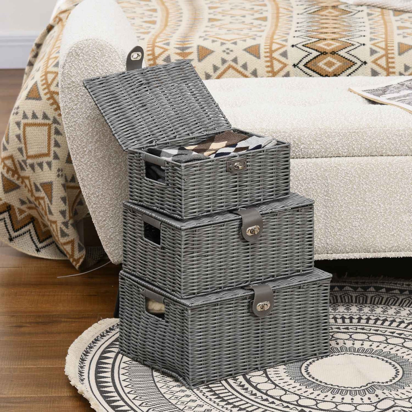 Storage boxes with lids, set of 3, gray - 18L, 12L, 7L