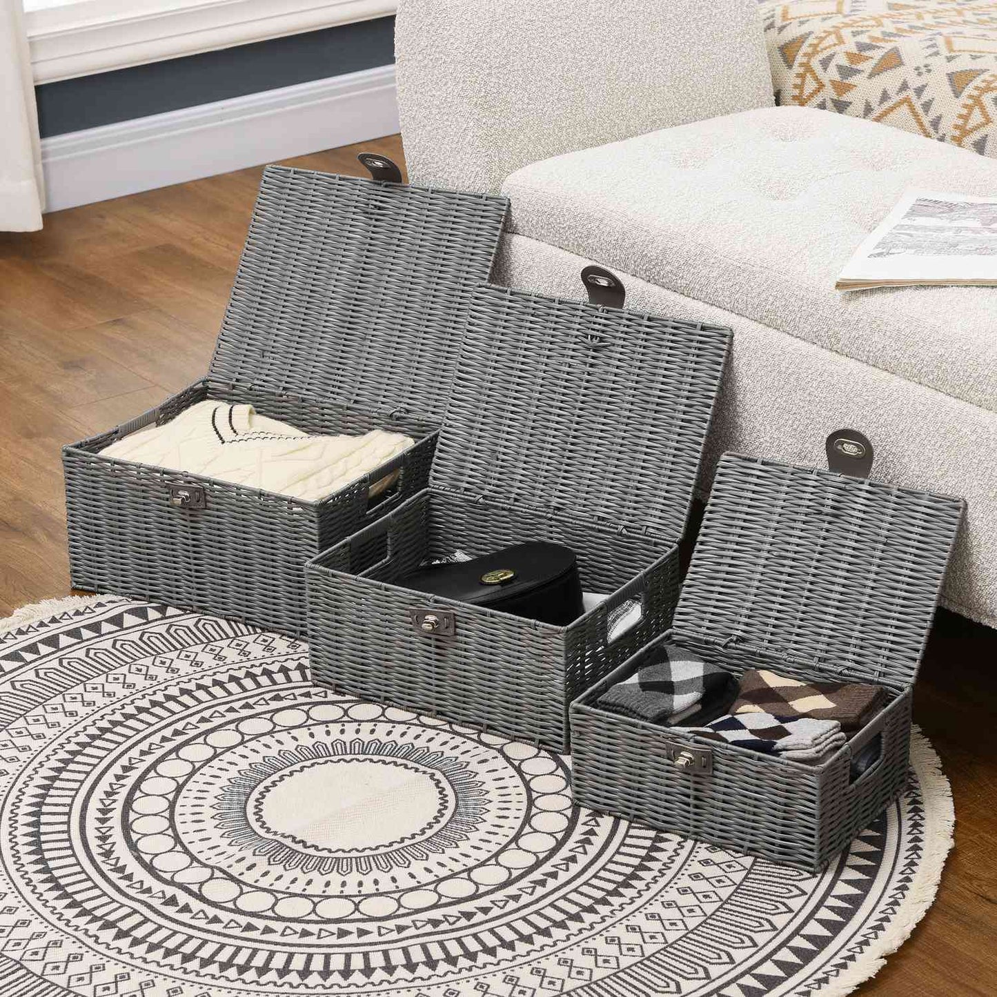 Storage boxes with lids, set of 3, gray - 18L, 12L, 7L