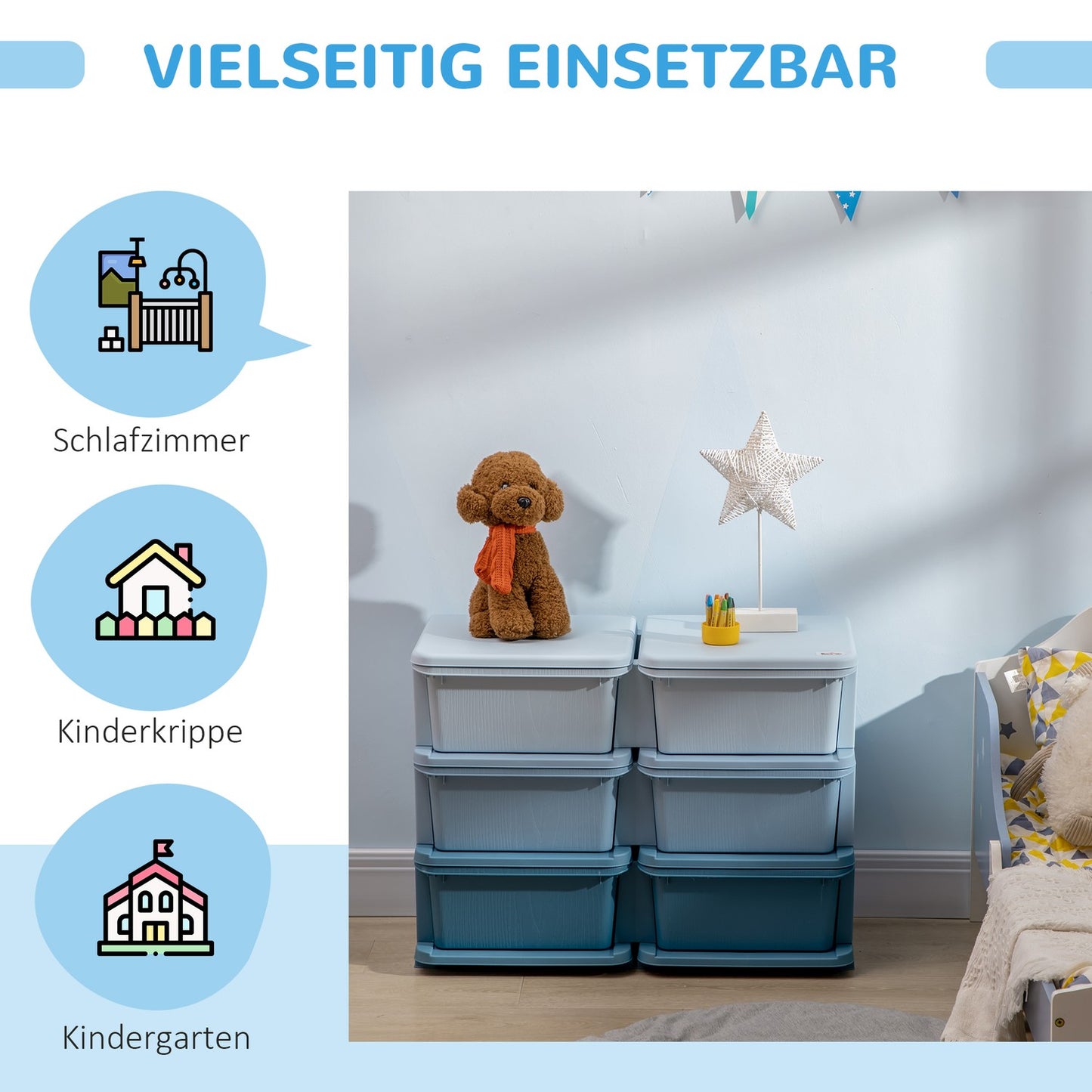 Blue storage boxes for children with lid and drawer