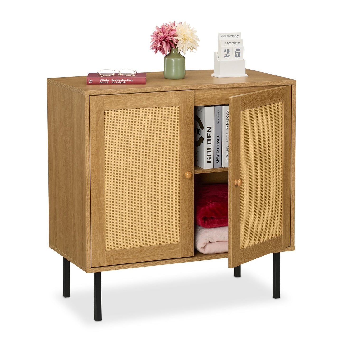 Storage Cabinet with 2 Rattan-Style Doors, Wood Finish