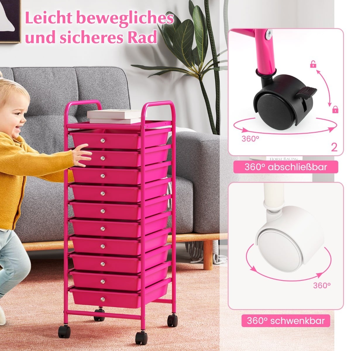 Storage Cart with 10 Drawers, Hot Pink, 33x37x86 cm