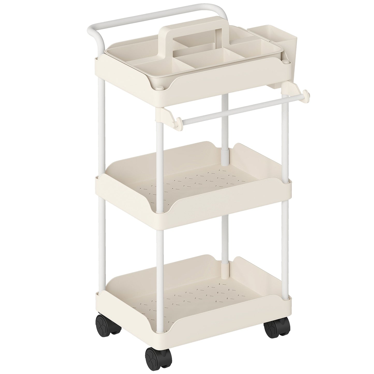 Storage Cart with 3 Baskets, Towel Holder, Wheels, White