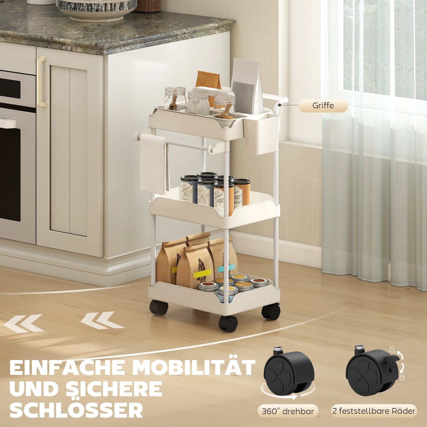 Storage Cart with 3 Baskets, Towel Holder, Wheels, White