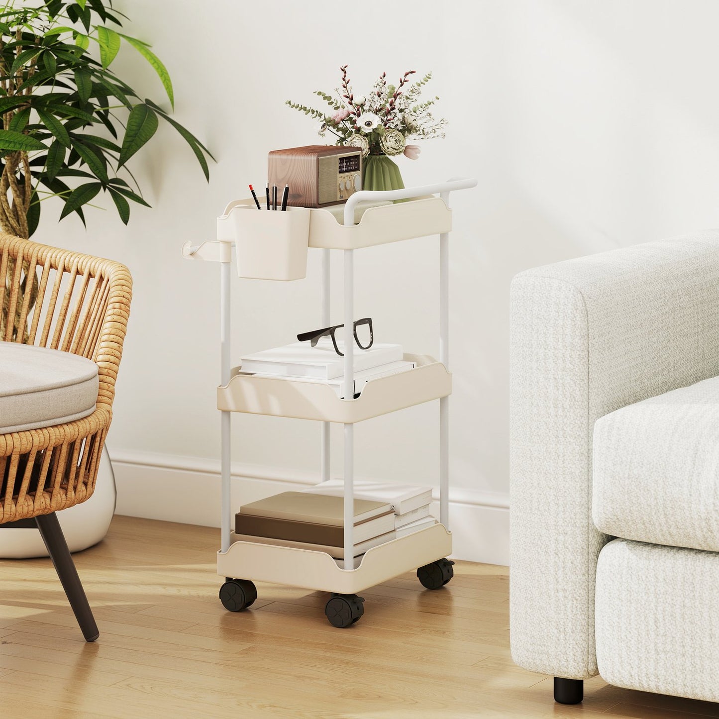 Storage Cart with 3 Baskets, Towel Holder, Wheels, White