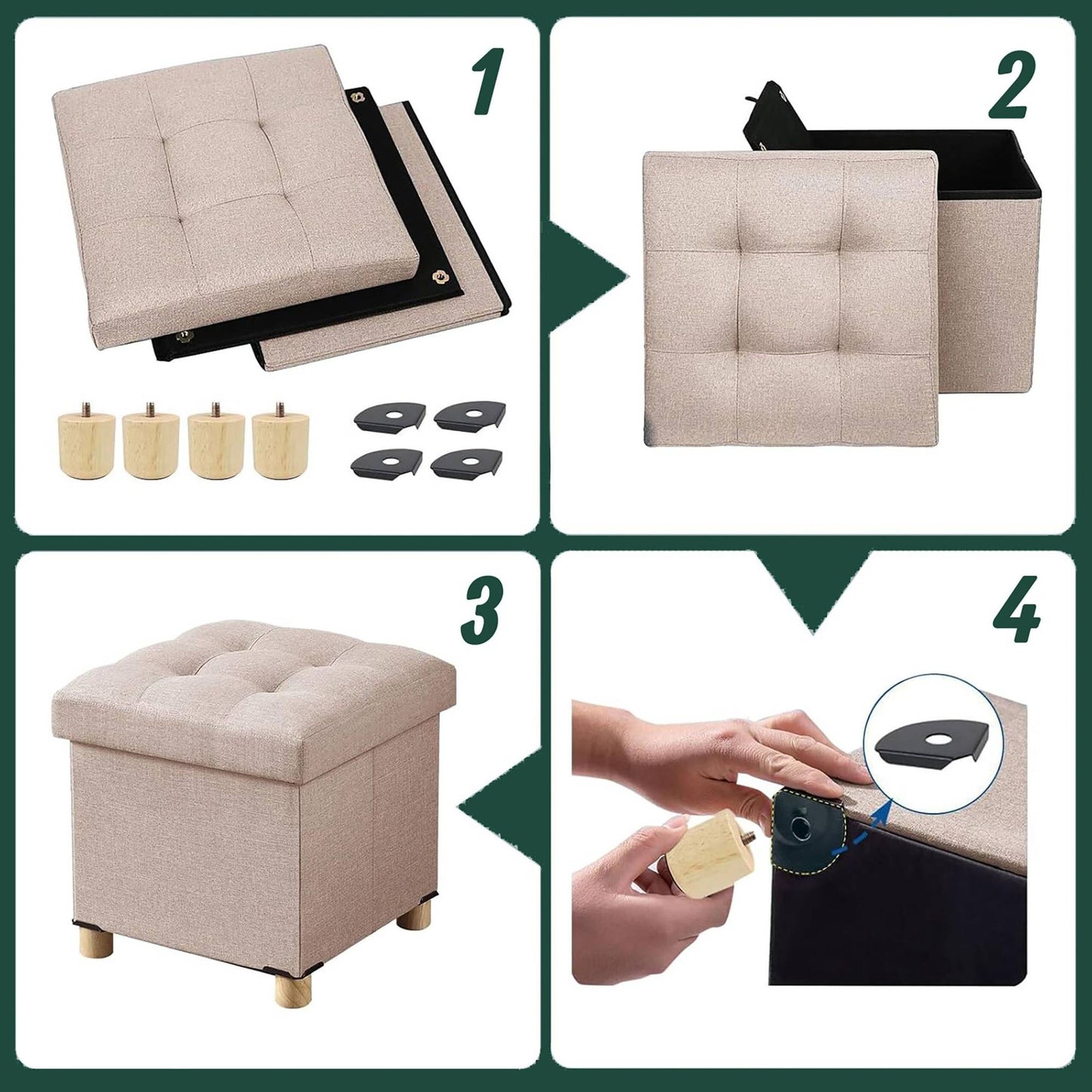 Storage Cube Stool with Upholstered Seat and Wooden Legs