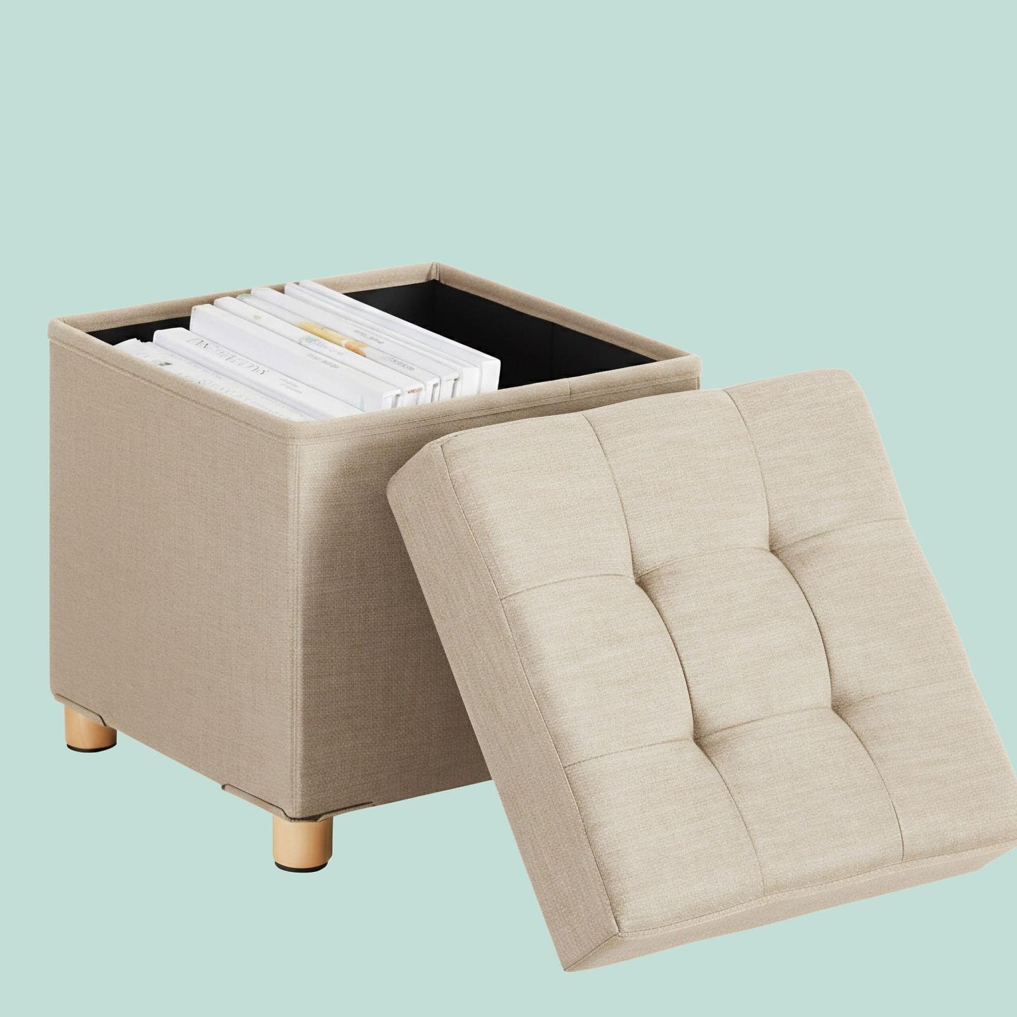 Storage Cube Stool with Upholstered Seat and Wooden Legs