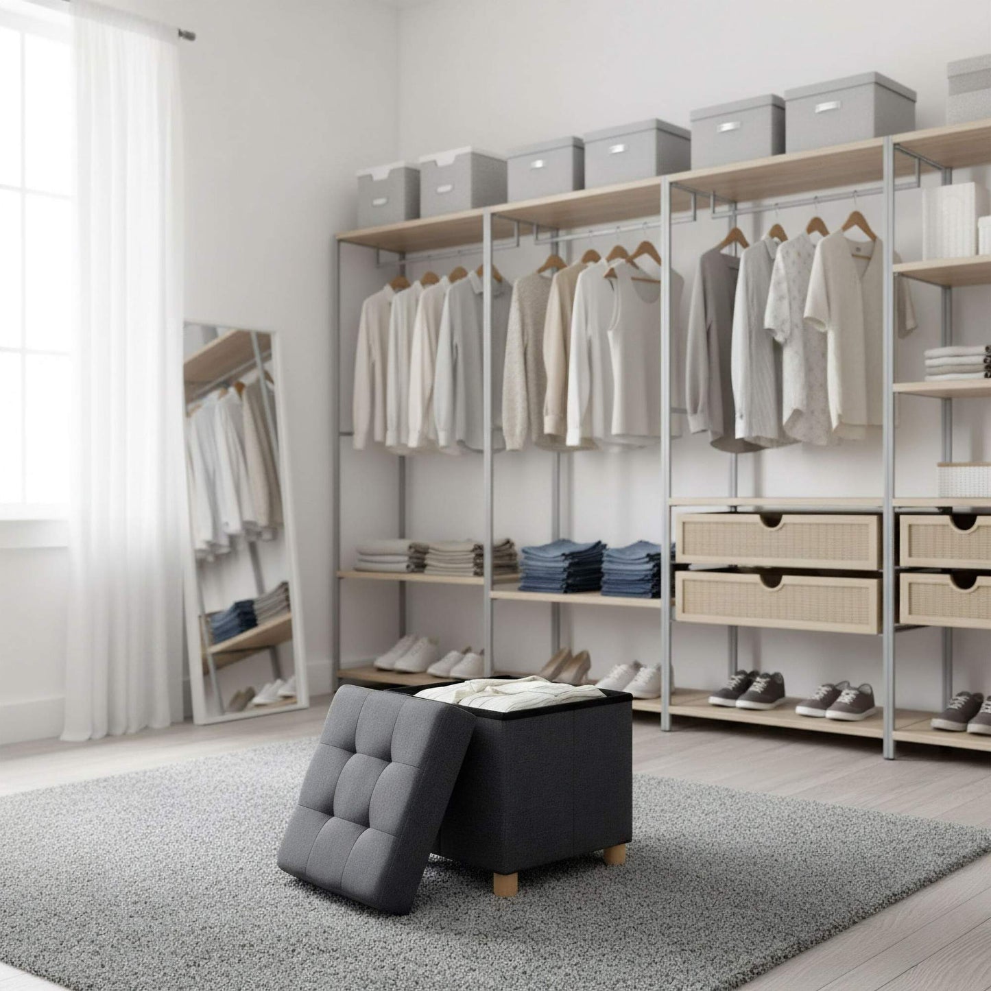 Storage Cube Stool with Upholstered Seat and Wooden Legs