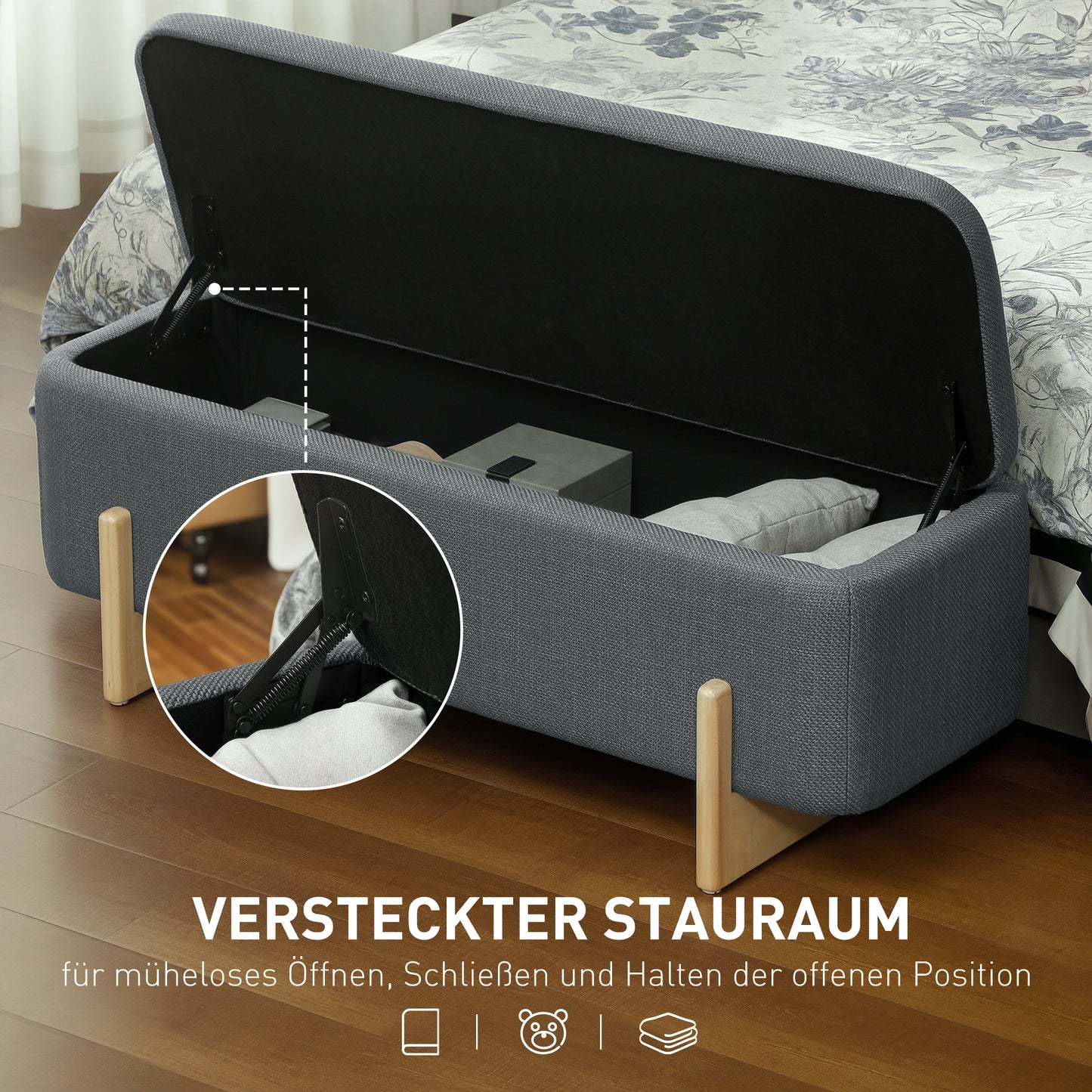 Storage Ottoman Bench, Foam Cushion, Dark Grey, 111x44x44.5 cm