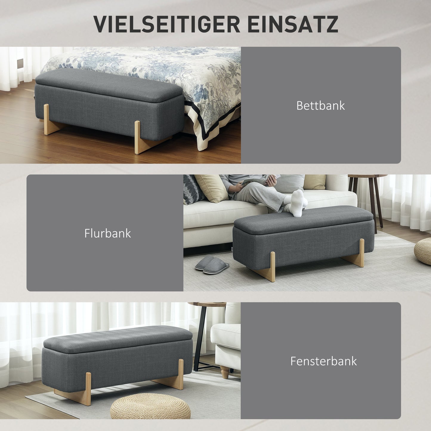 Storage Ottoman Bench, Foam Cushion, Dark Grey, 111x44x44.5 cm