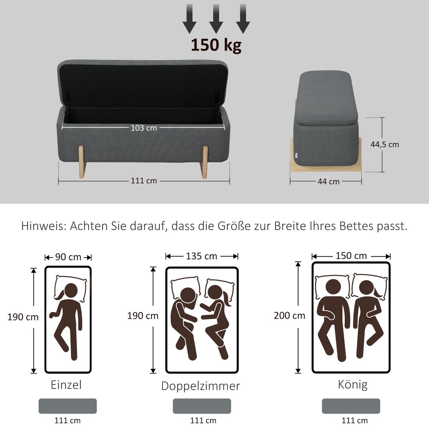 Storage Ottoman Bench, Foam Cushion, Dark Grey, 111x44x44.5 cm