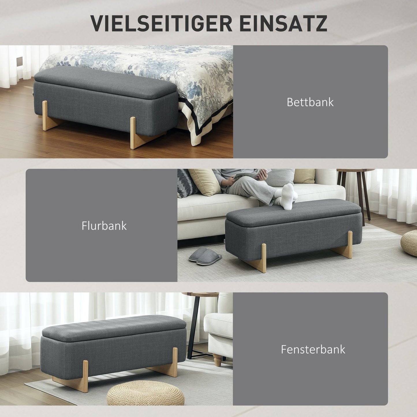 Storage Ottoman Bench, Foam Cushion, Dark Grey, 111x44x44.5 cm