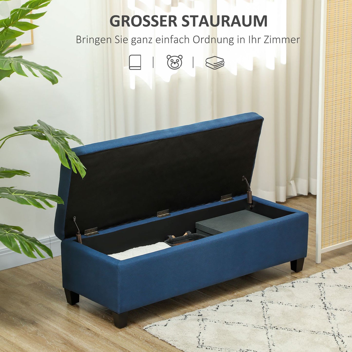Storage Ottoman Bench with Button Tufting, Blue, 125 cm