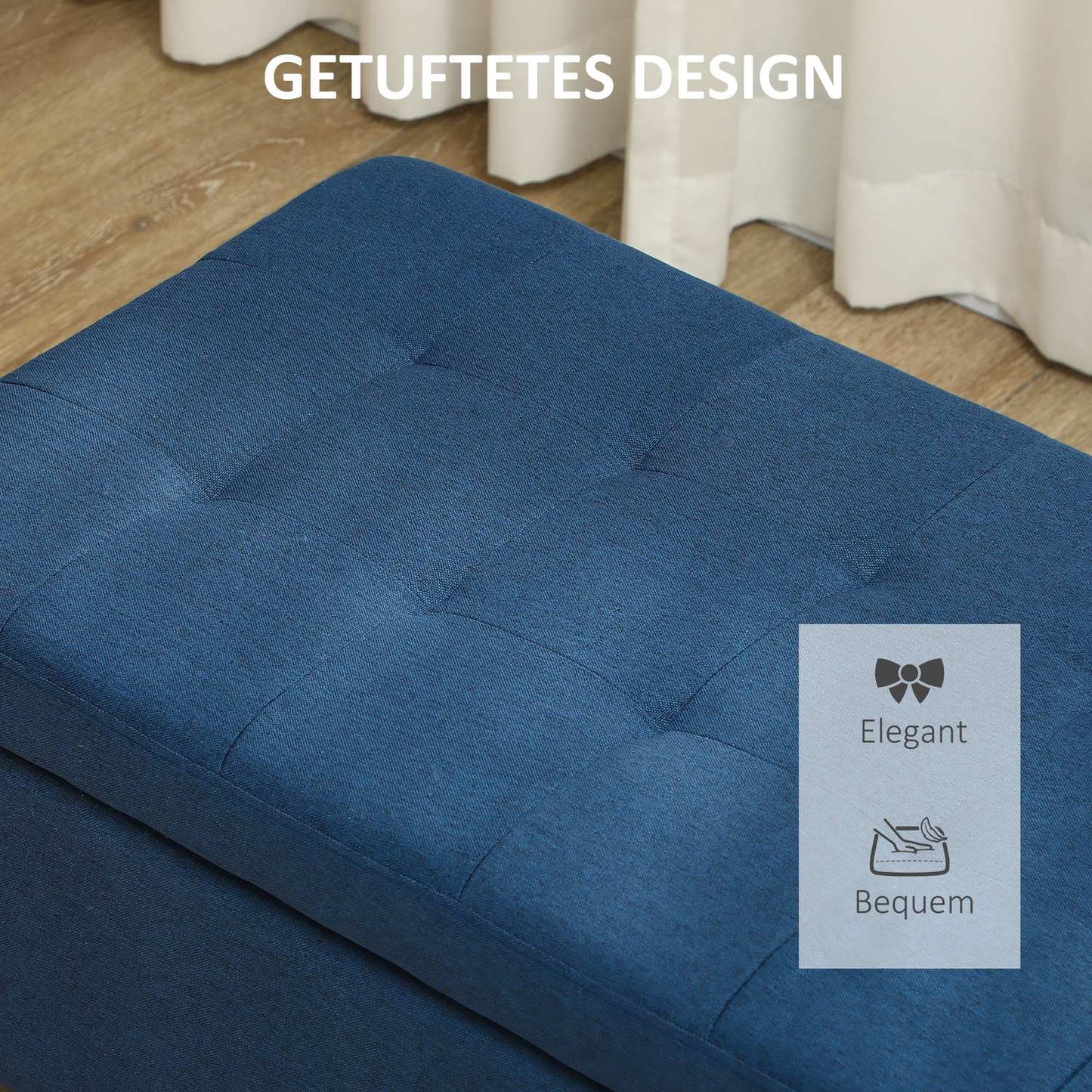 Storage Ottoman Bench with Button Tufting, Blue, 125 cm