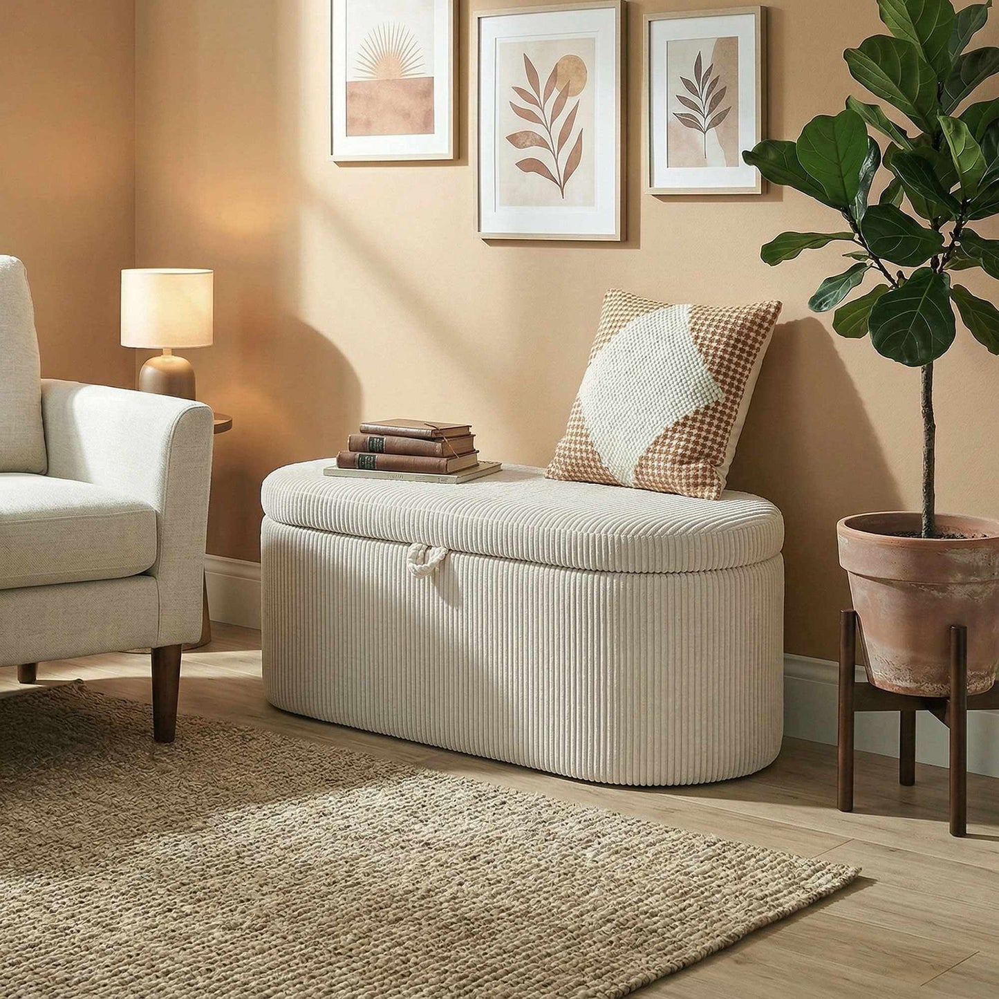 Storage Ottoman with Cord Upholstery, 105 x 51 x 49 cm, Beige