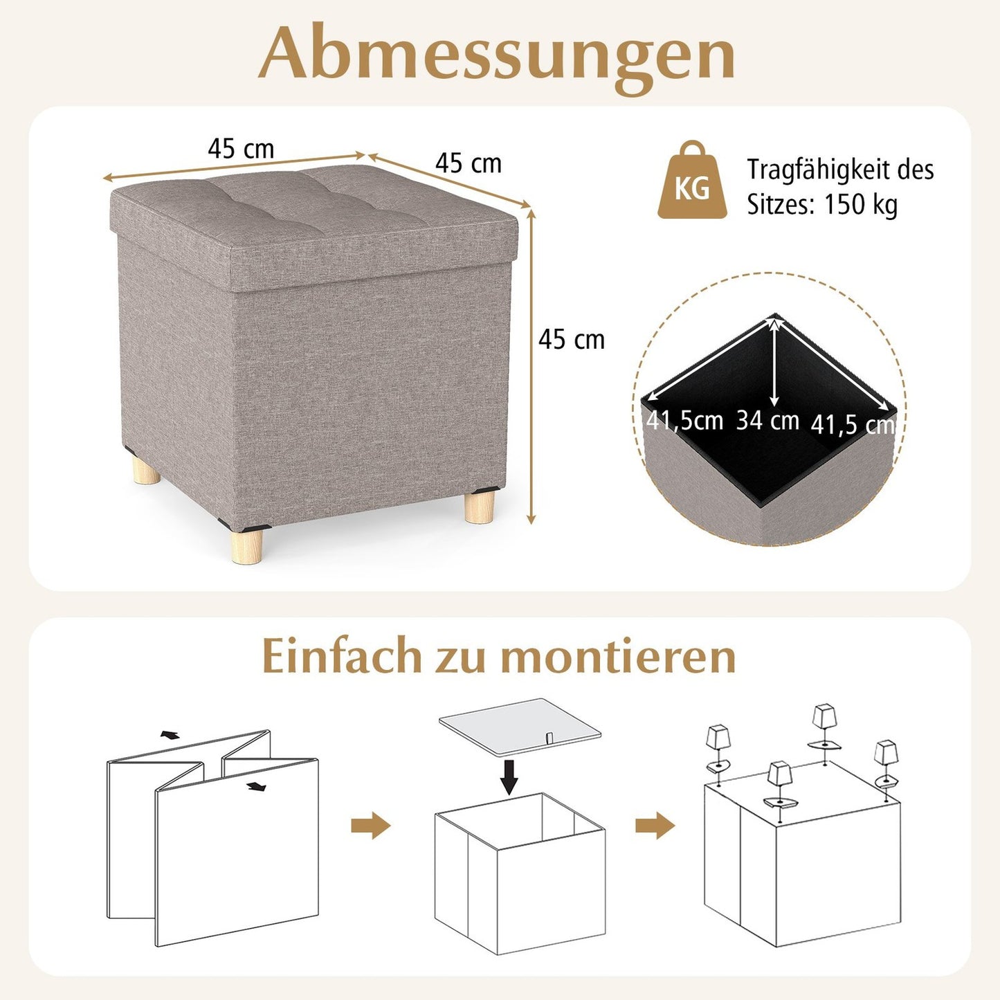 Storage Ottoman with Linen Fabric, 53.5L, Grey, 45x45x45 cm