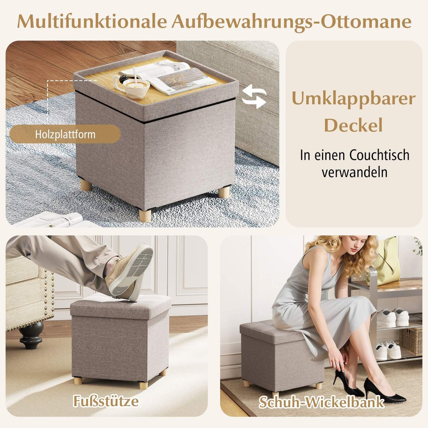 Storage Ottoman with Linen Fabric, 53.5L, Grey, 45x45x45 cm